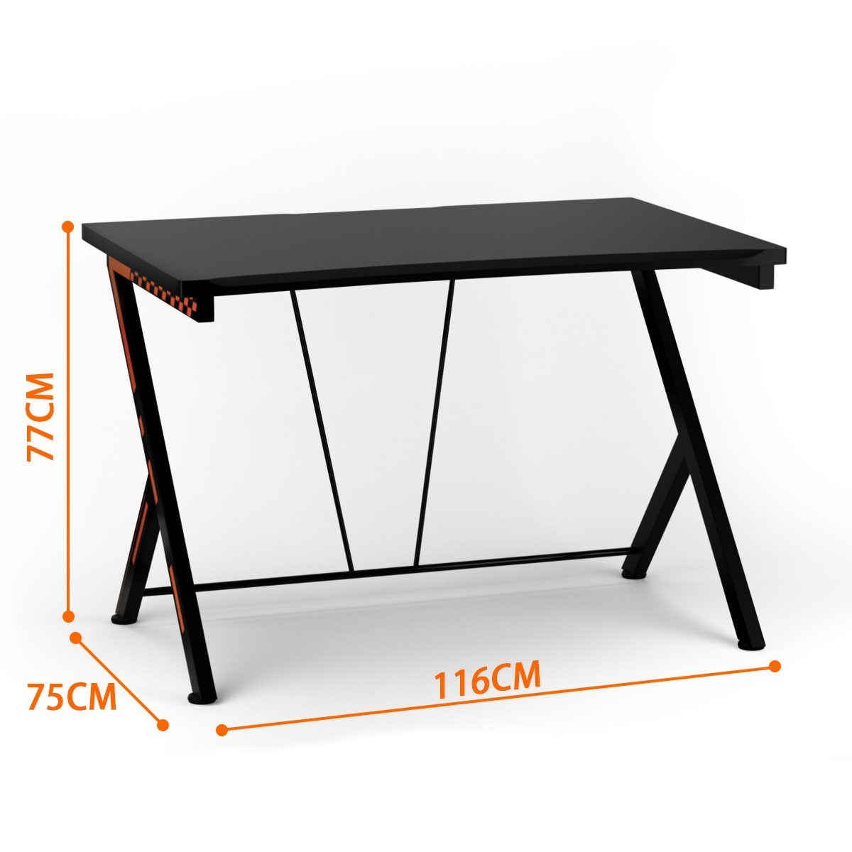 Een zwart gamingbureau met oranje accenten. Afmetingen: 116cm B x 75cm D x 77cm H.