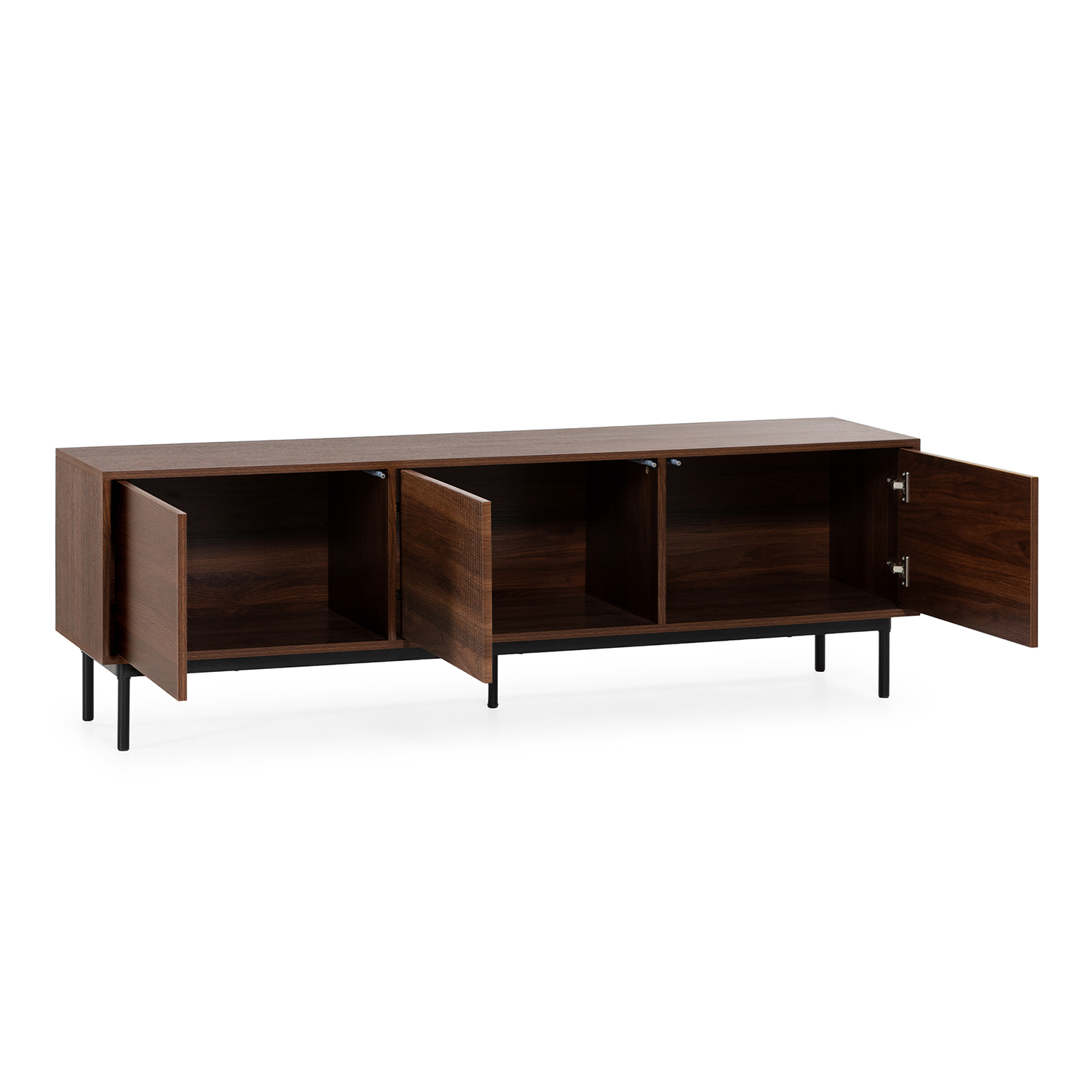 Mueble de madera marrón oscuro con tres compartimentos abiertos y patas negras.