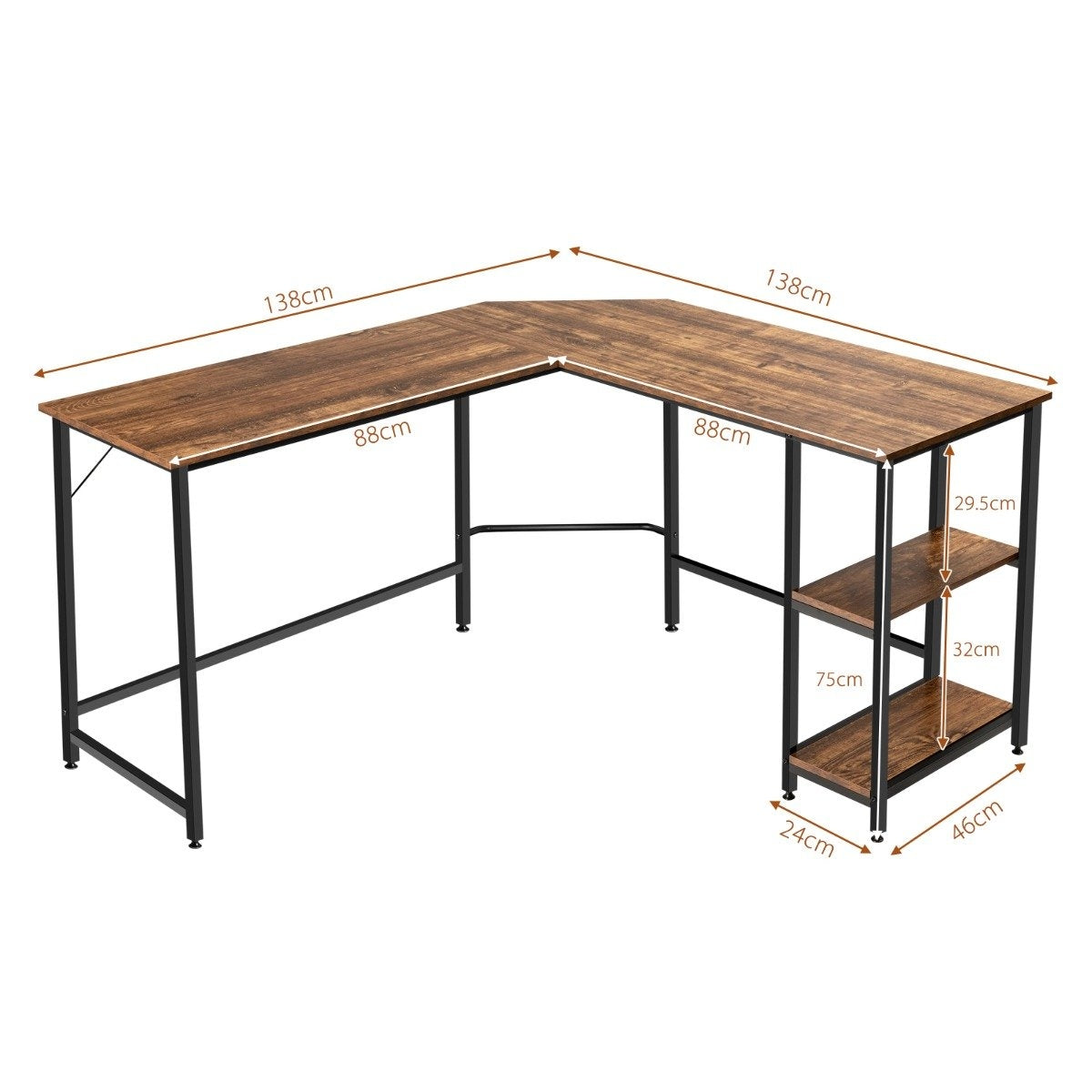 Un escritorio de madera en forma de L con patas de metal negras y estantes.