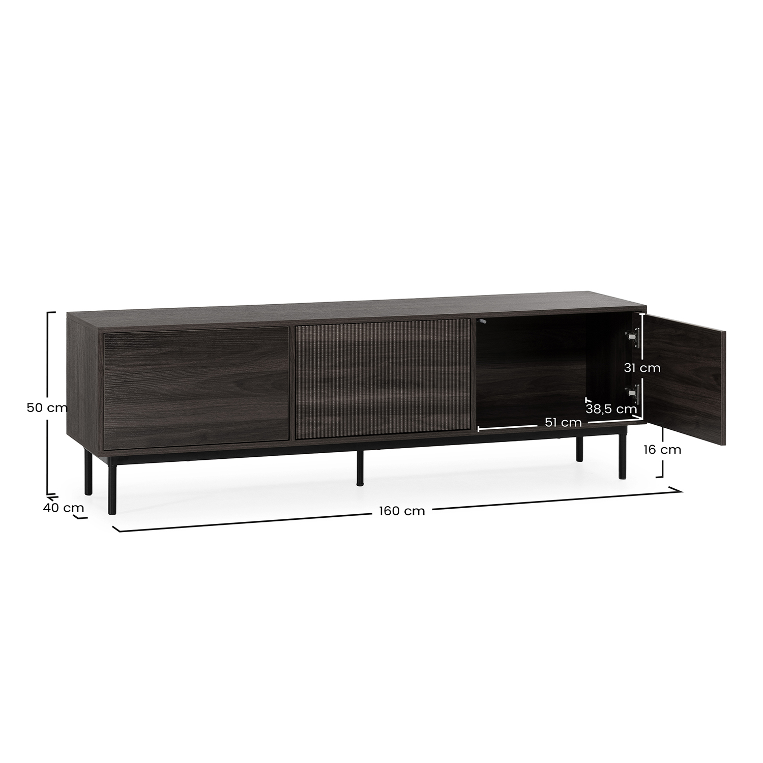 Mueble de madera marrón oscuro con patas metálicas. Dimensiones: 160x50x40 cm.