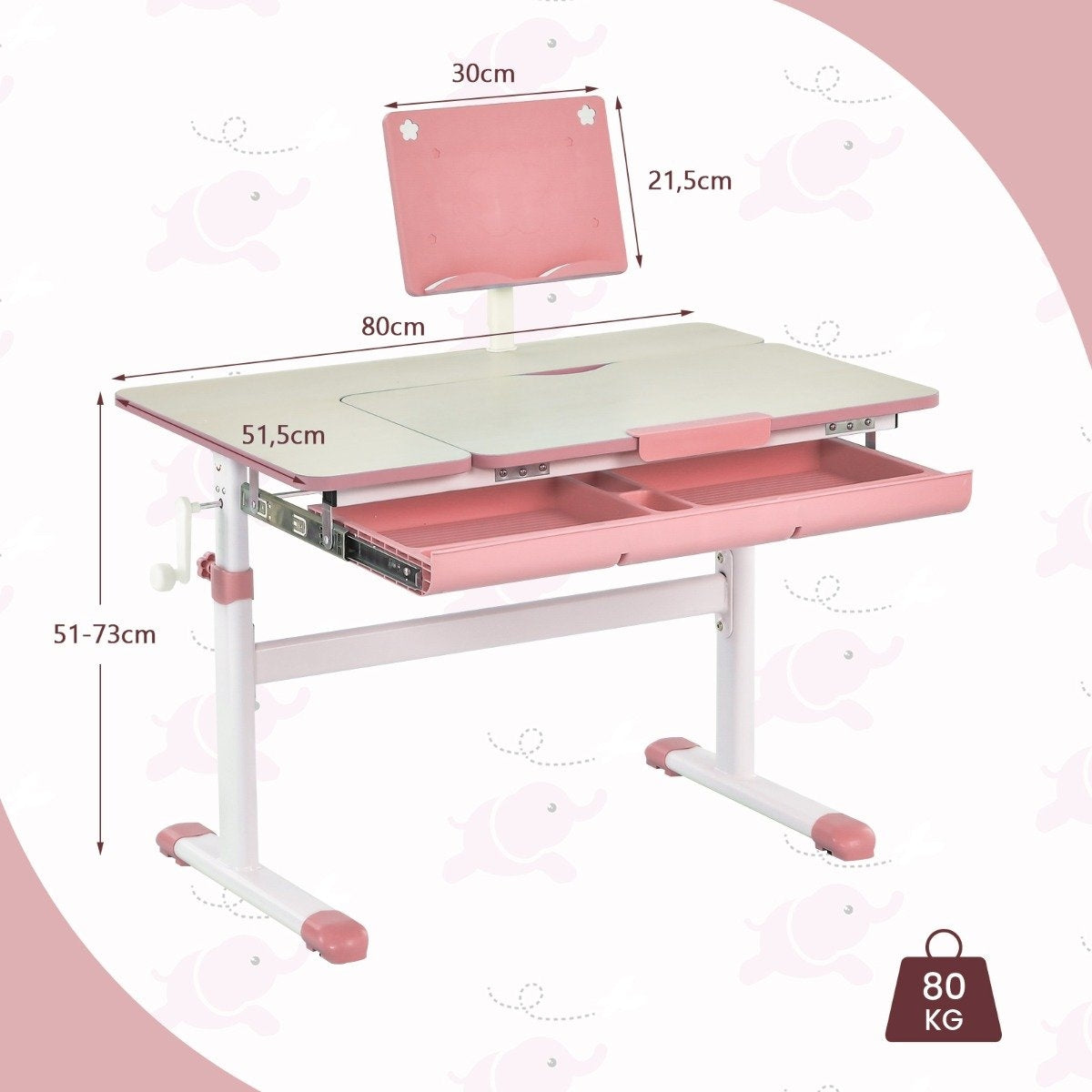 Escritorio infantil ajustable rosa con cajón y respaldo ajustable, se muestran dimensiones.