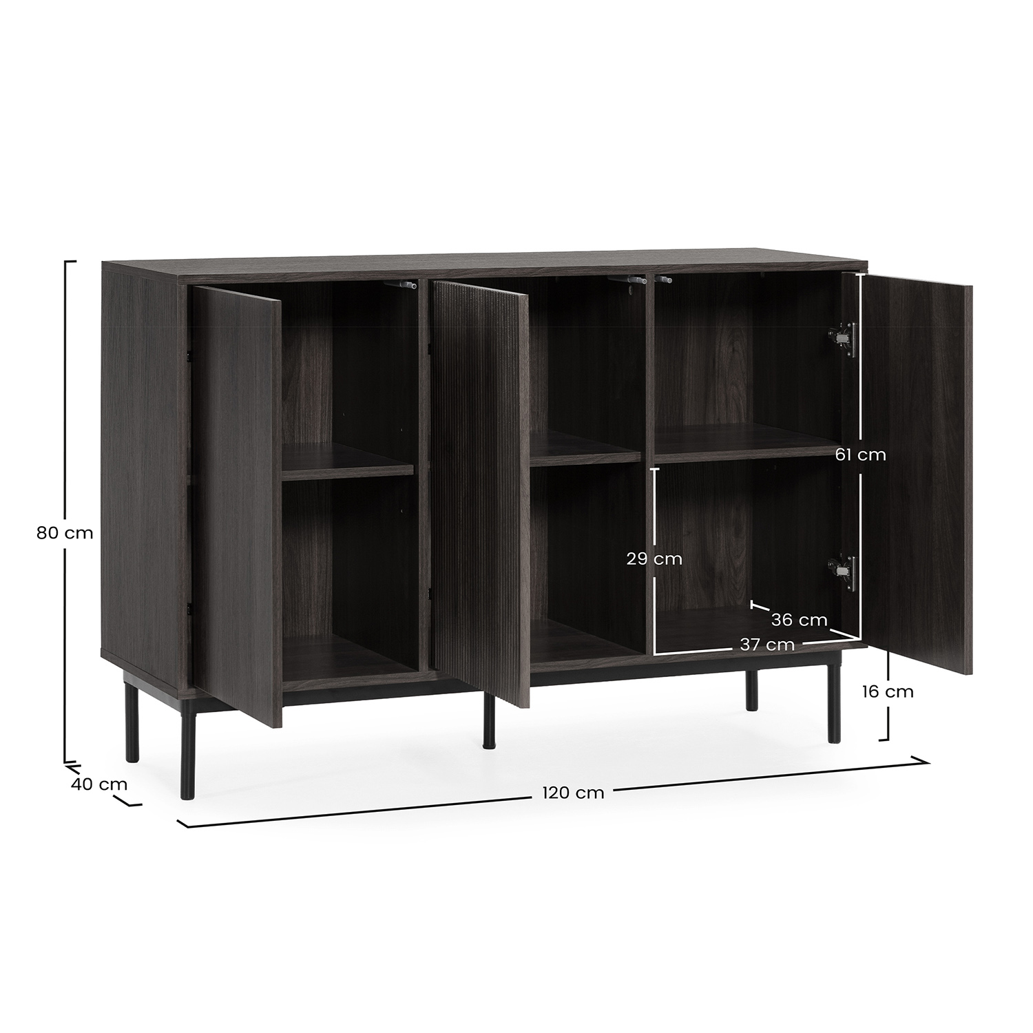 Aparador gris oscuro con cuatro puertas y patas negras, con medidas indicadas.