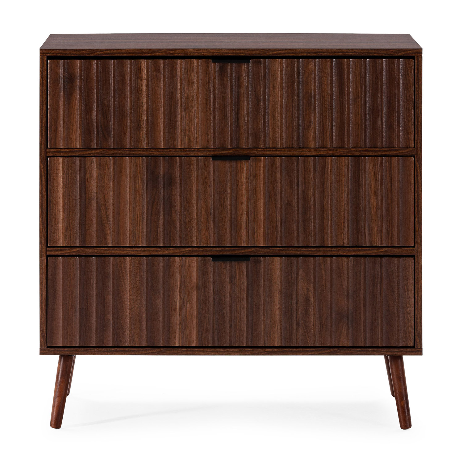 Cómoda de madera oscura con tres cajones y frentes acanalados.