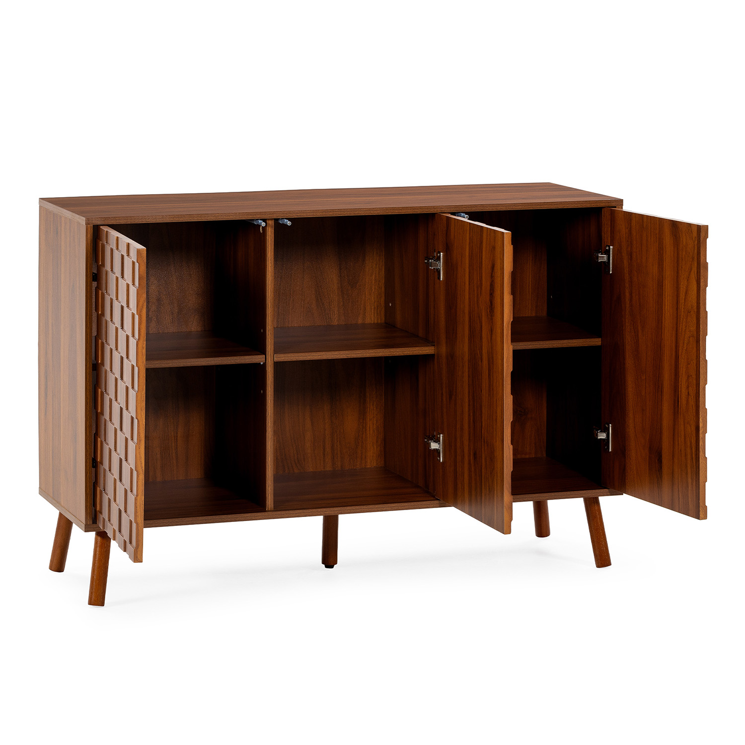 Un mueble de madera marrón con tres puertas abiertas y estantes.