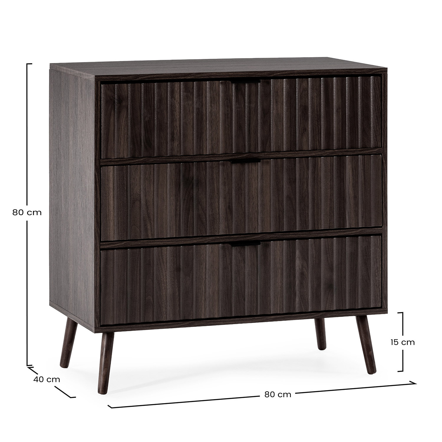 Cómoda de madera oscura con tres cajones, diseño acanalado y patas anguladas.