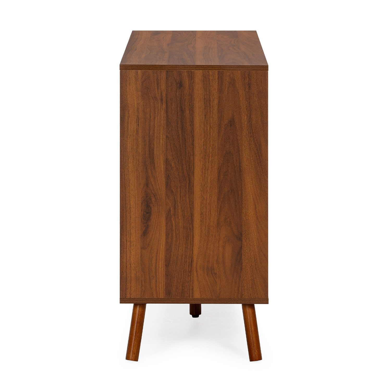 Una mesita de noche de madera con cuatro patas anguladas sobre fondo blanco.