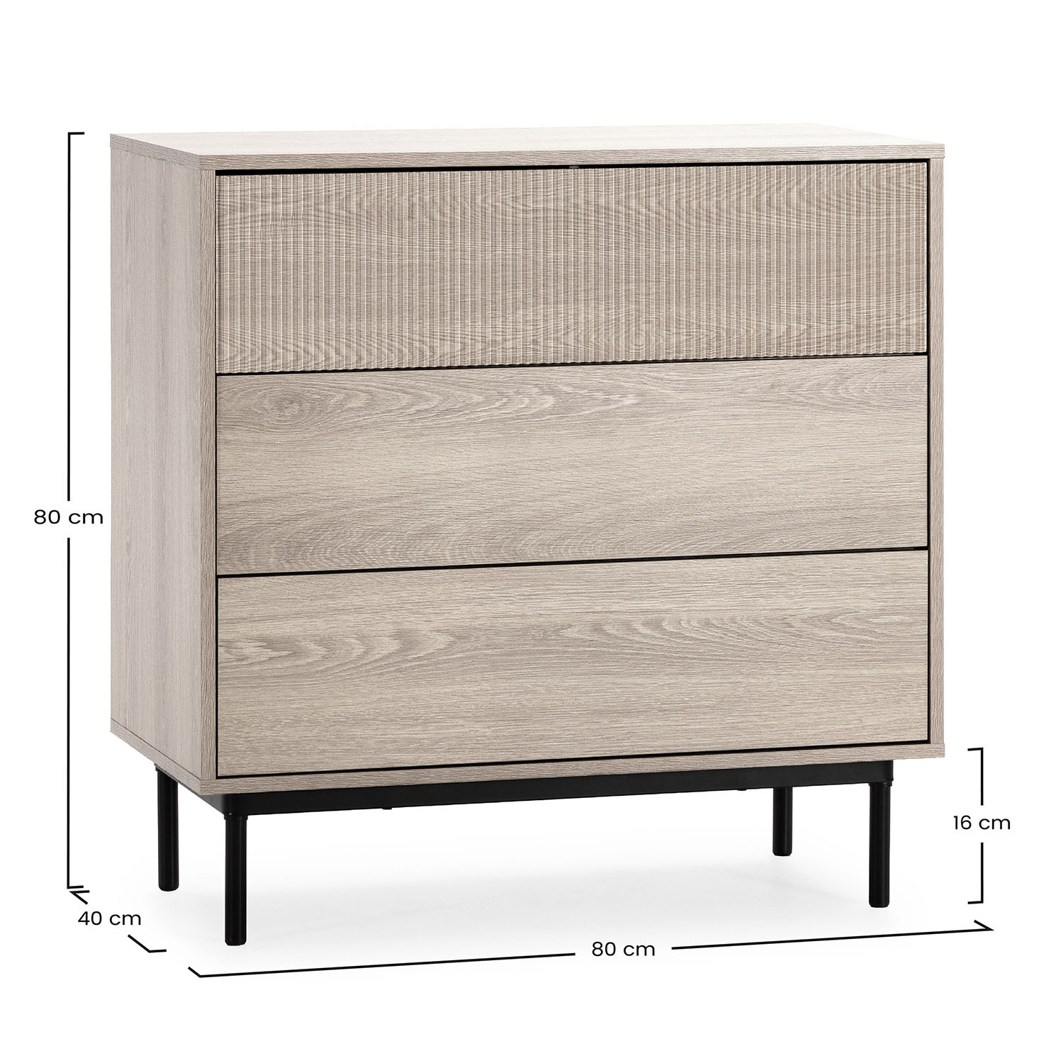 Cómoda de madera con 3 cajones sobre patas negras. Dimensiones: 80x40x80 cm.