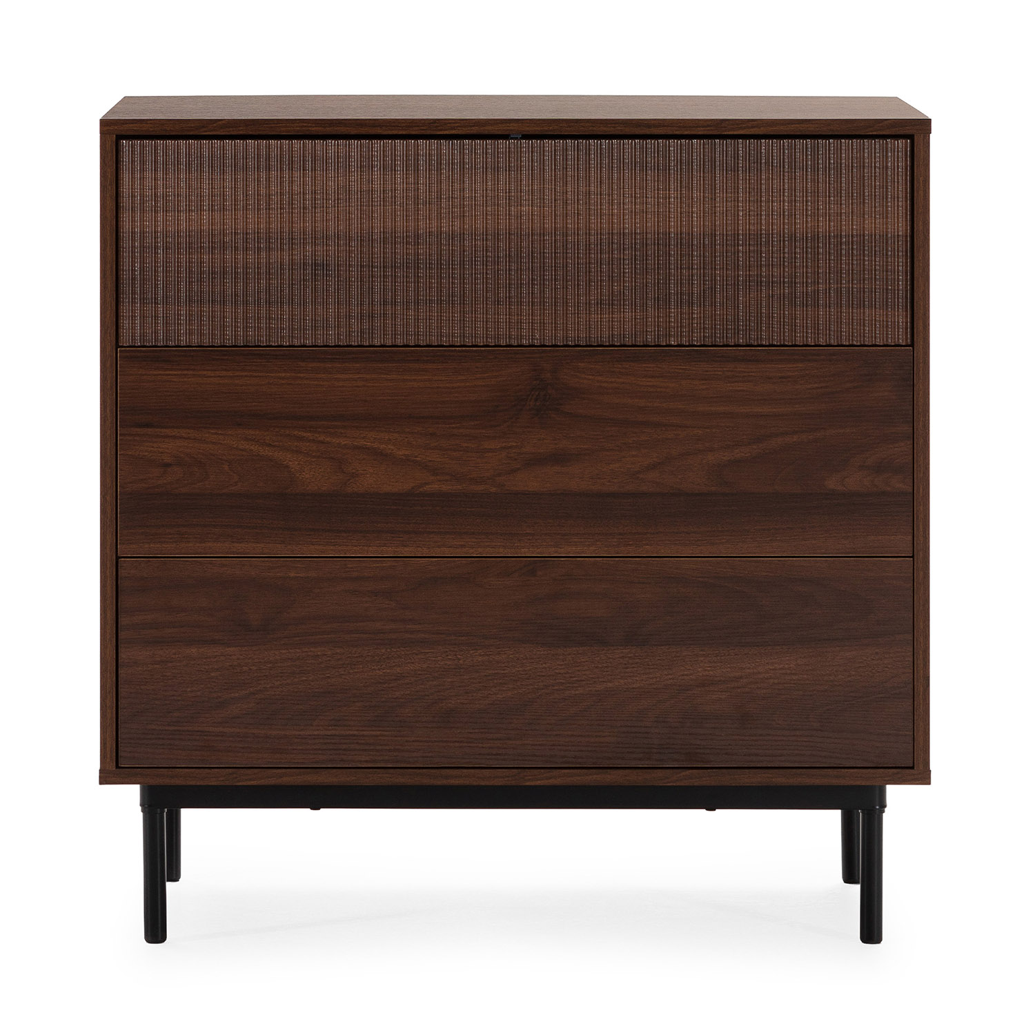 Cómoda de madera oscura con tres cajones, el superior con diseño acanalado.