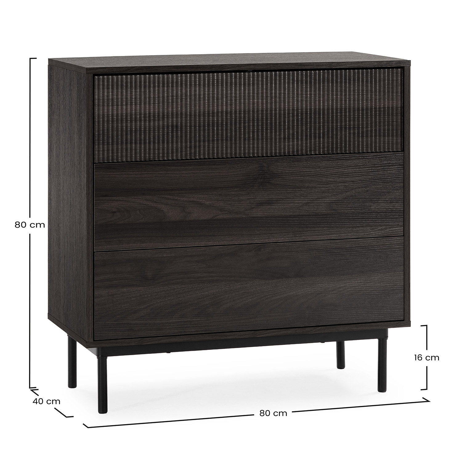 Cómoda de madera oscura con tres cajones. Cajón superior con textura acanalada.