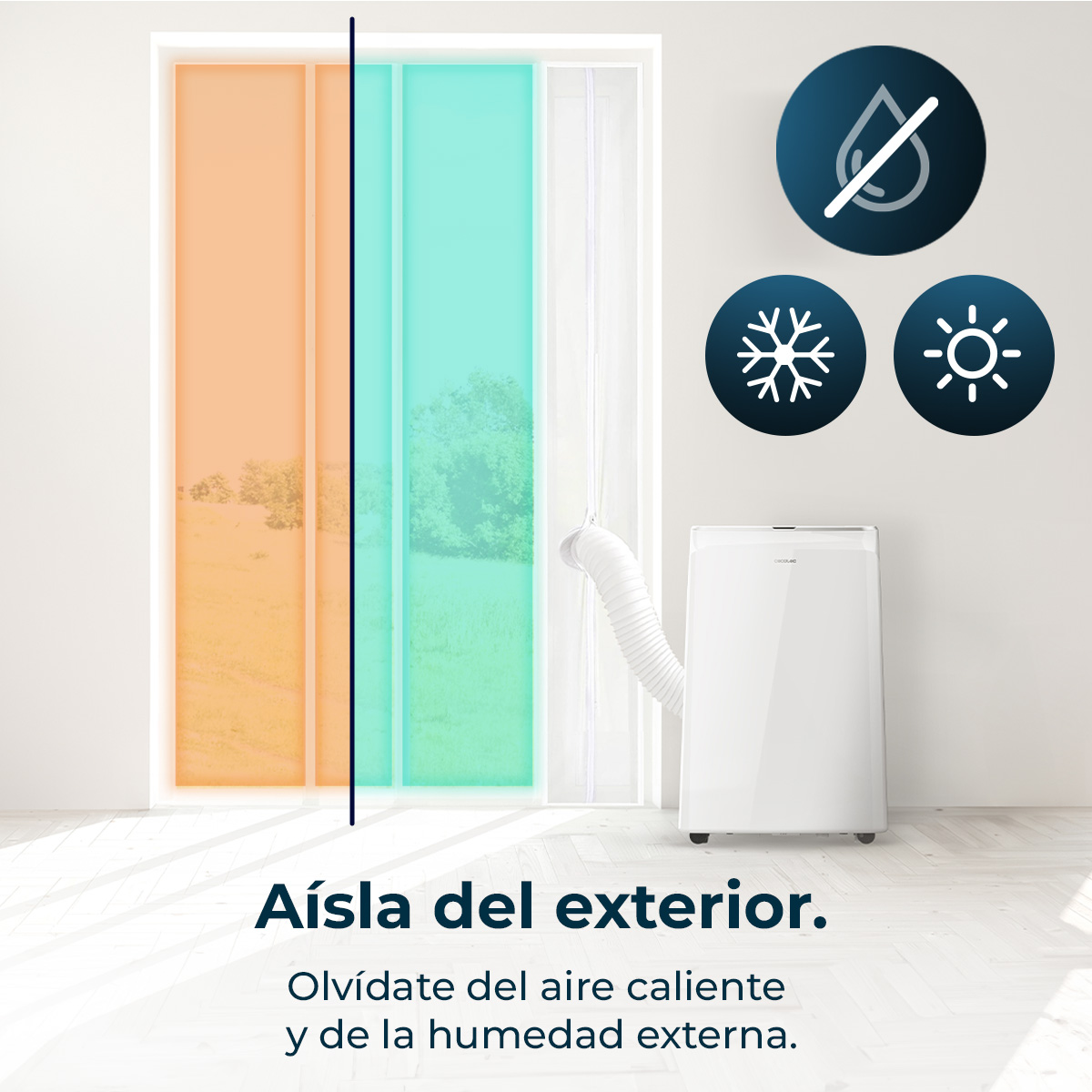 Un condizionatore portatile con tubo è vicino a una finestra divisa in sezioni arancioni e turchesi.