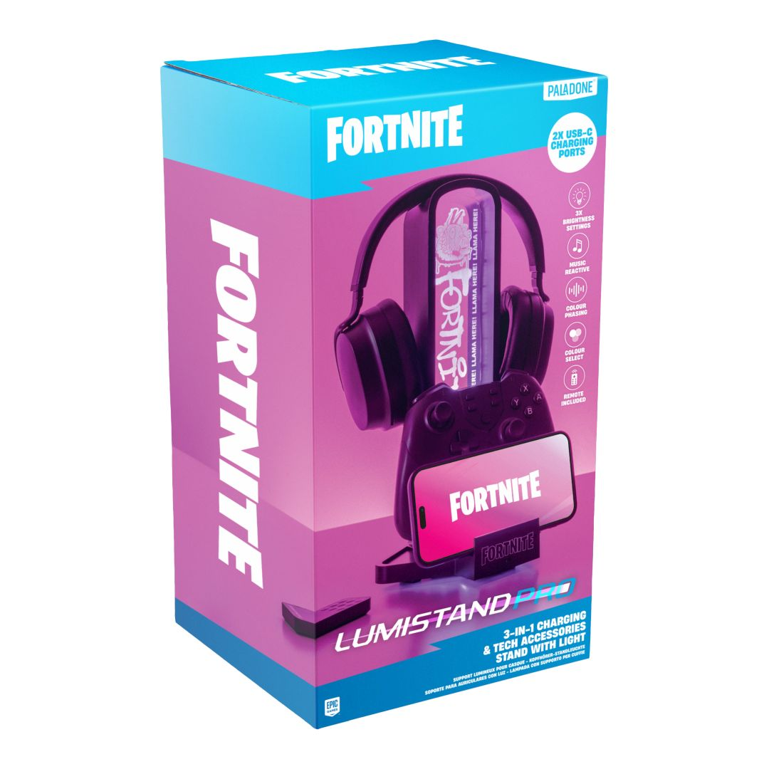Fortnite LumiStand: Ladestation mit Licht, Kopfhörer, Controller und Handy.