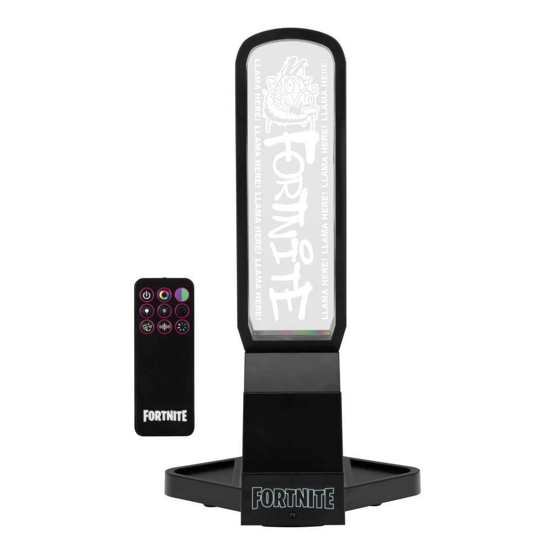 Eine Fortnite-Lampe mit Fernbedienung und Llama-Grafik.