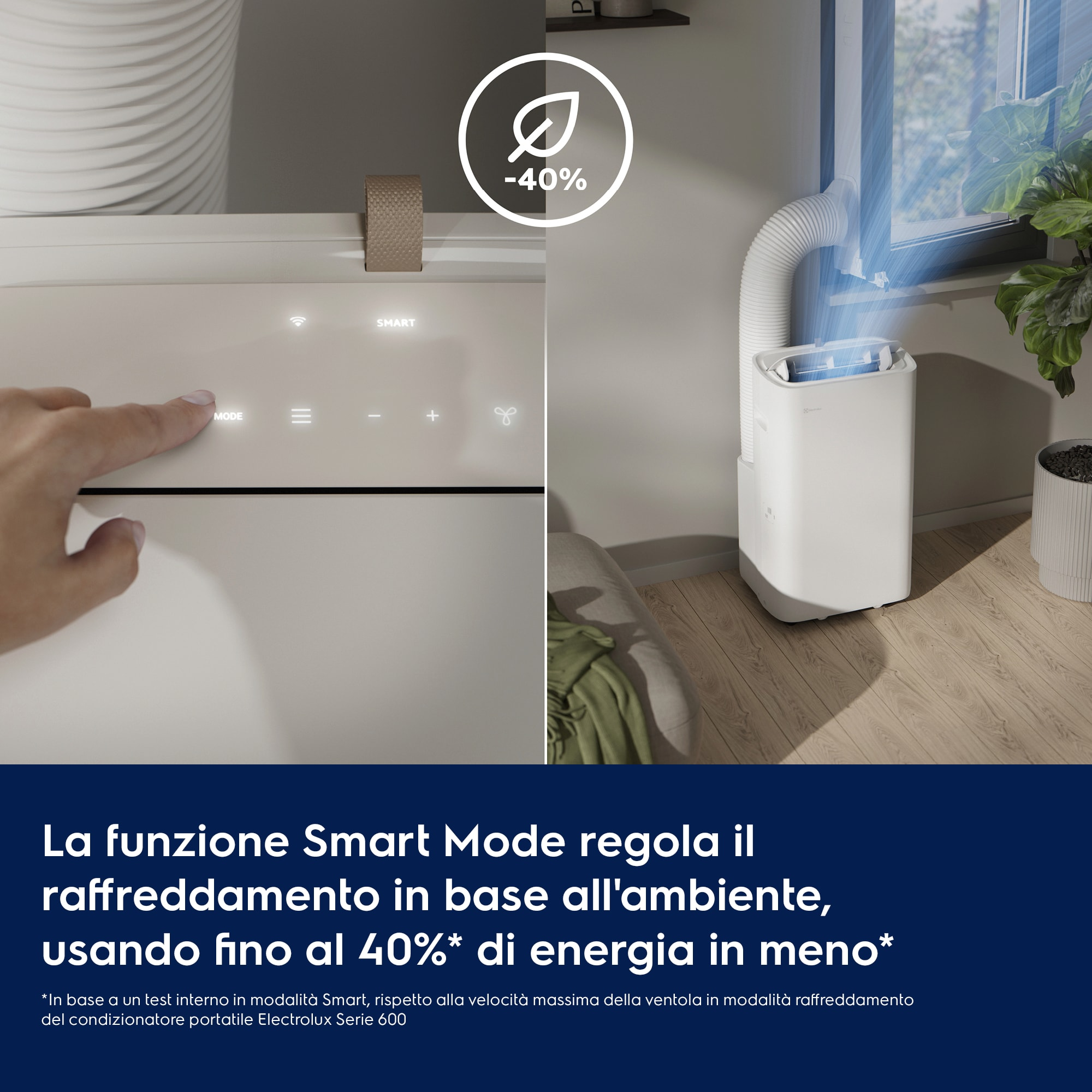 Condizionatore portatile con tubo alla finestra, touchscreen mostra selezione modalità.