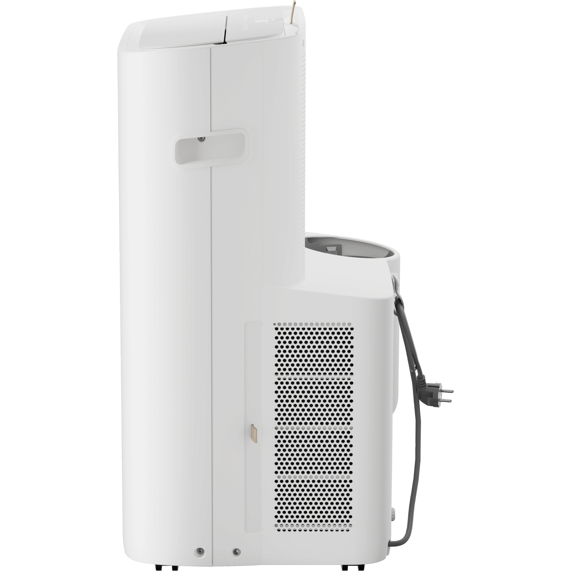 Un condizionatore d'aria portatile bianco con griglia di ventilazione e cavo.