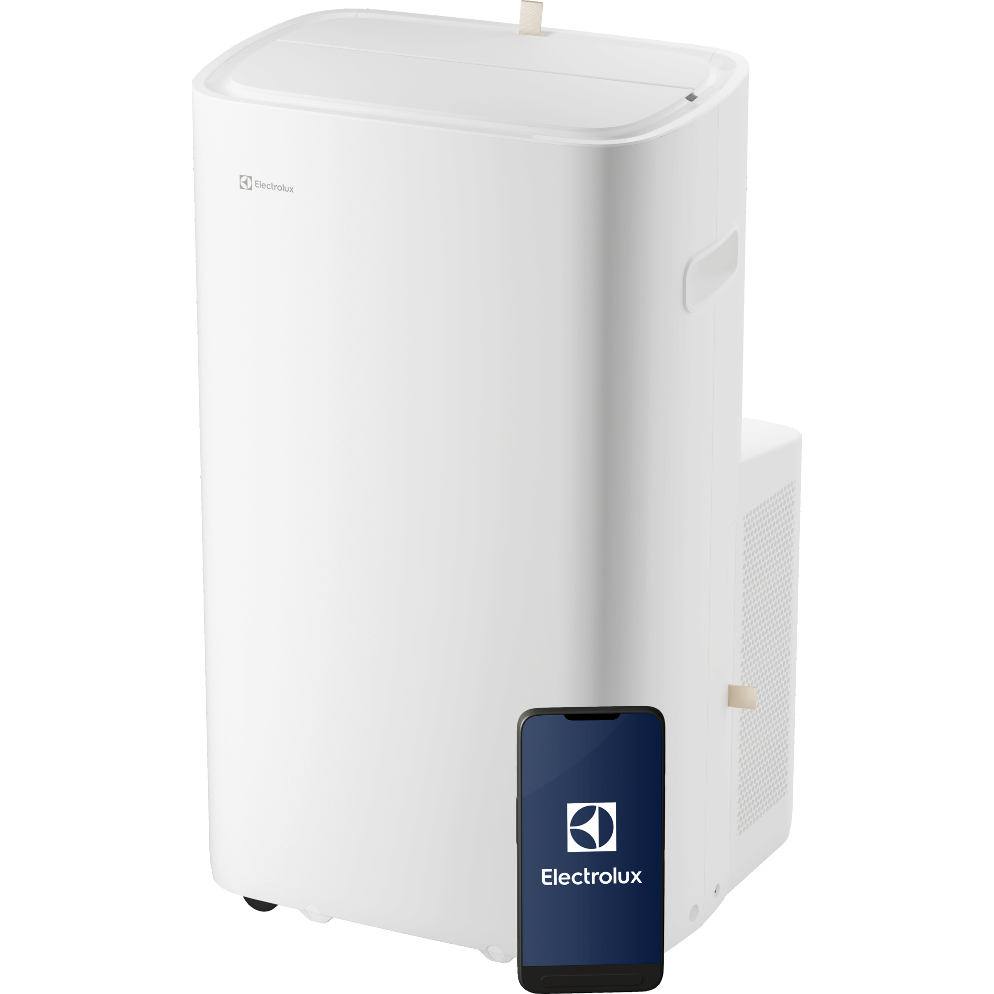 Un condizionatore portatile bianco Electrolux con uno smartphone che mostra il logo Electrolux.