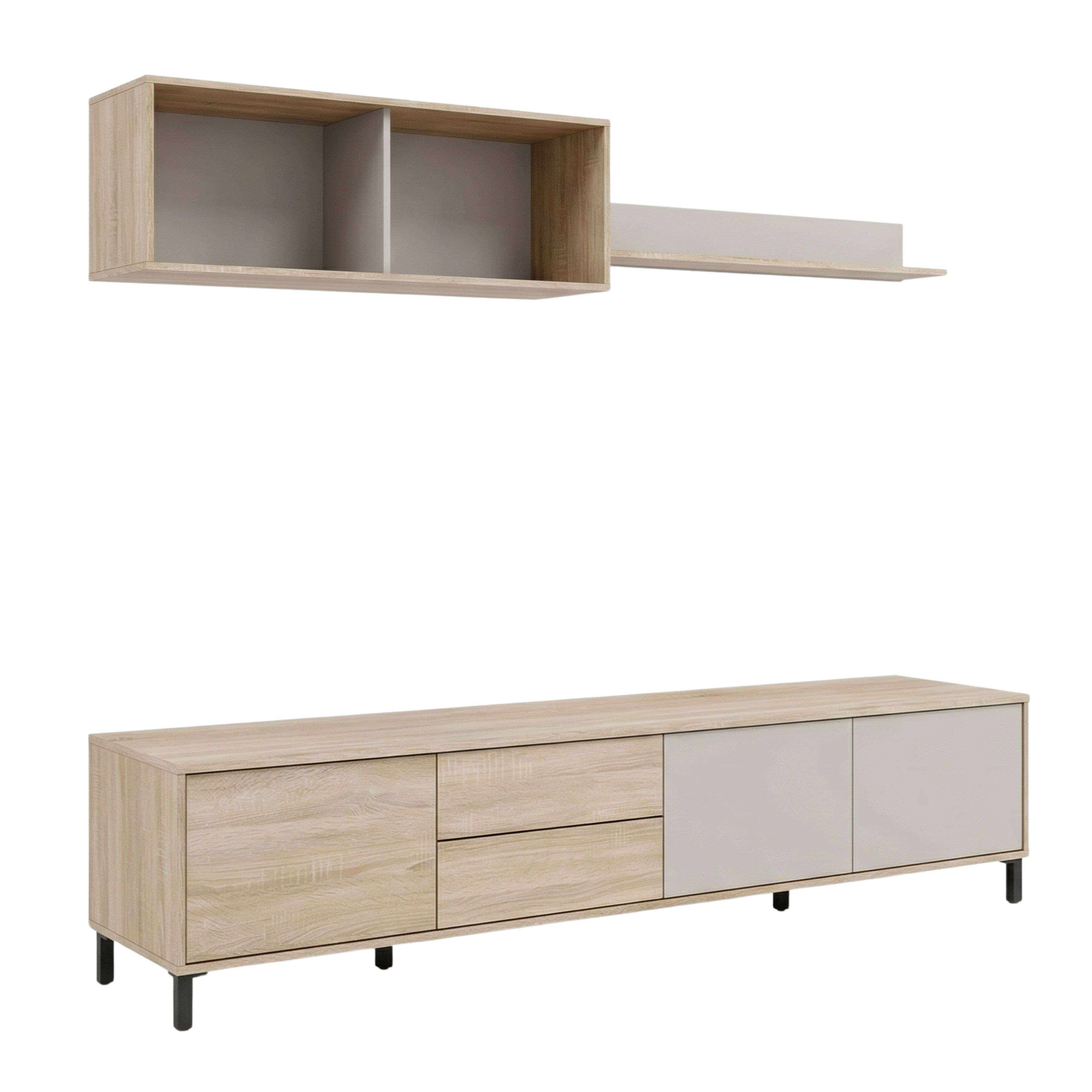 Un mueble de TV marrón claro con dos cajones y dos puertas, con un estante encima.