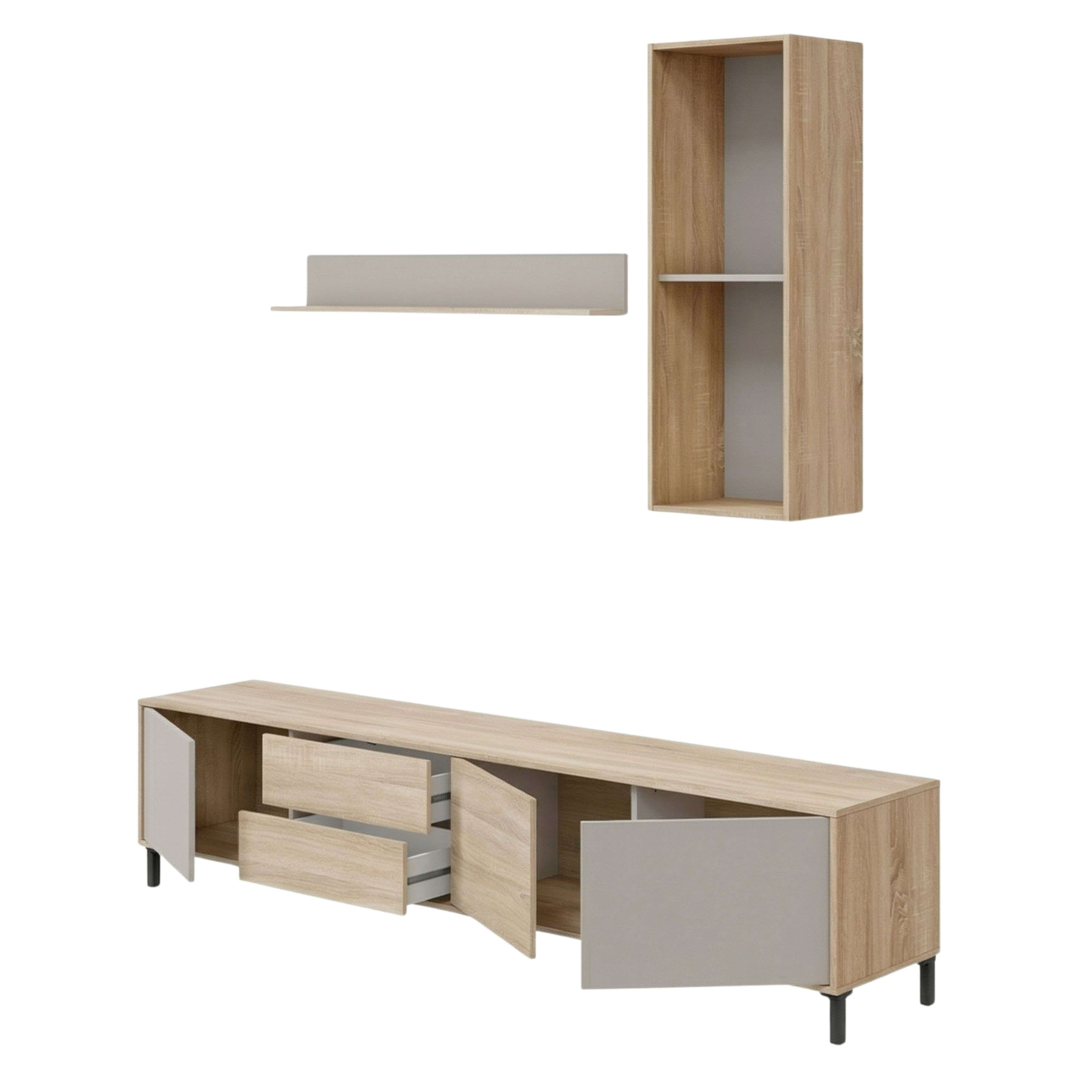 Un mueble de TV de madera con cajones y puertas abiertos, junto a una estantería y un armario alto.
