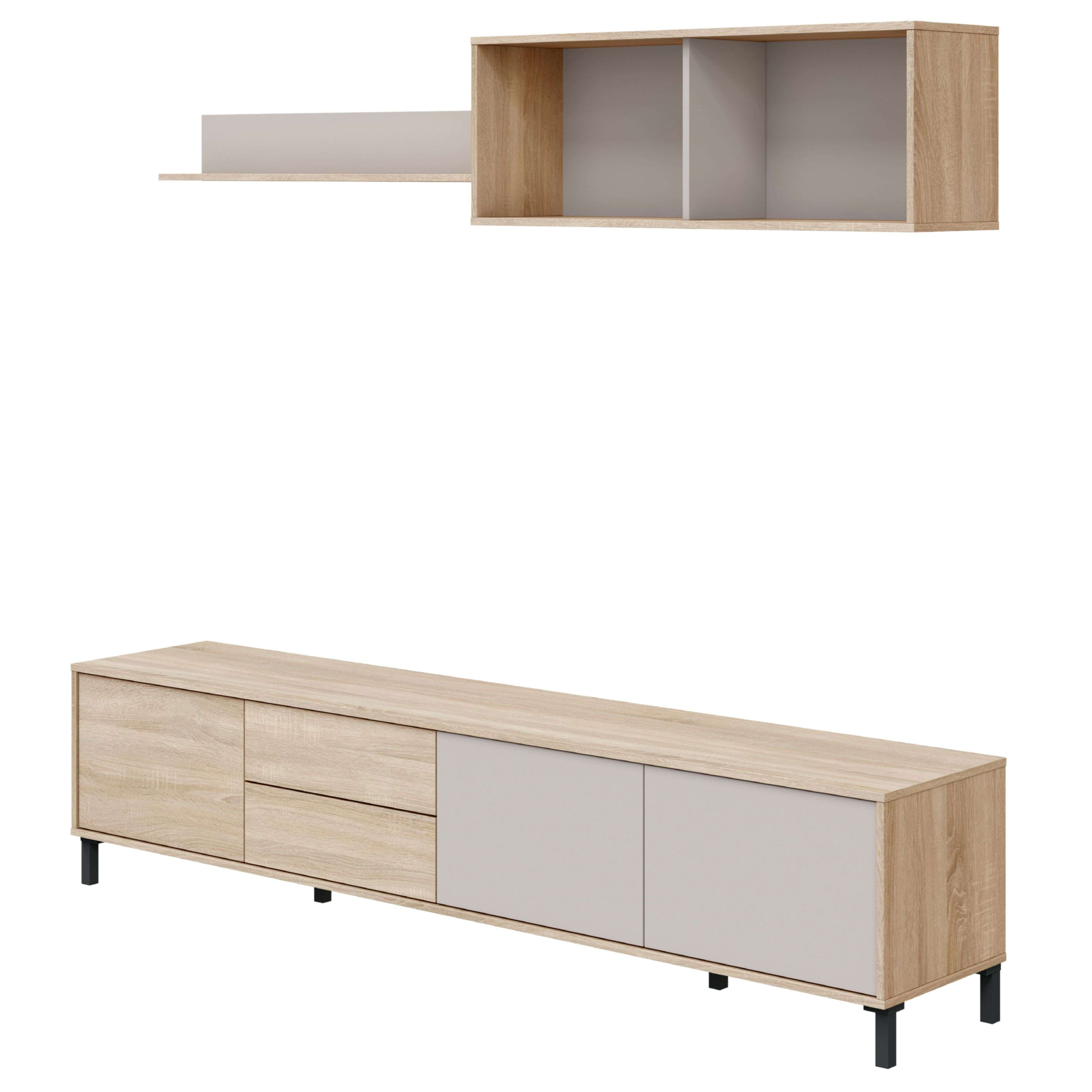 Estante colgante y mueble de TV largo de madera con puertas grises.