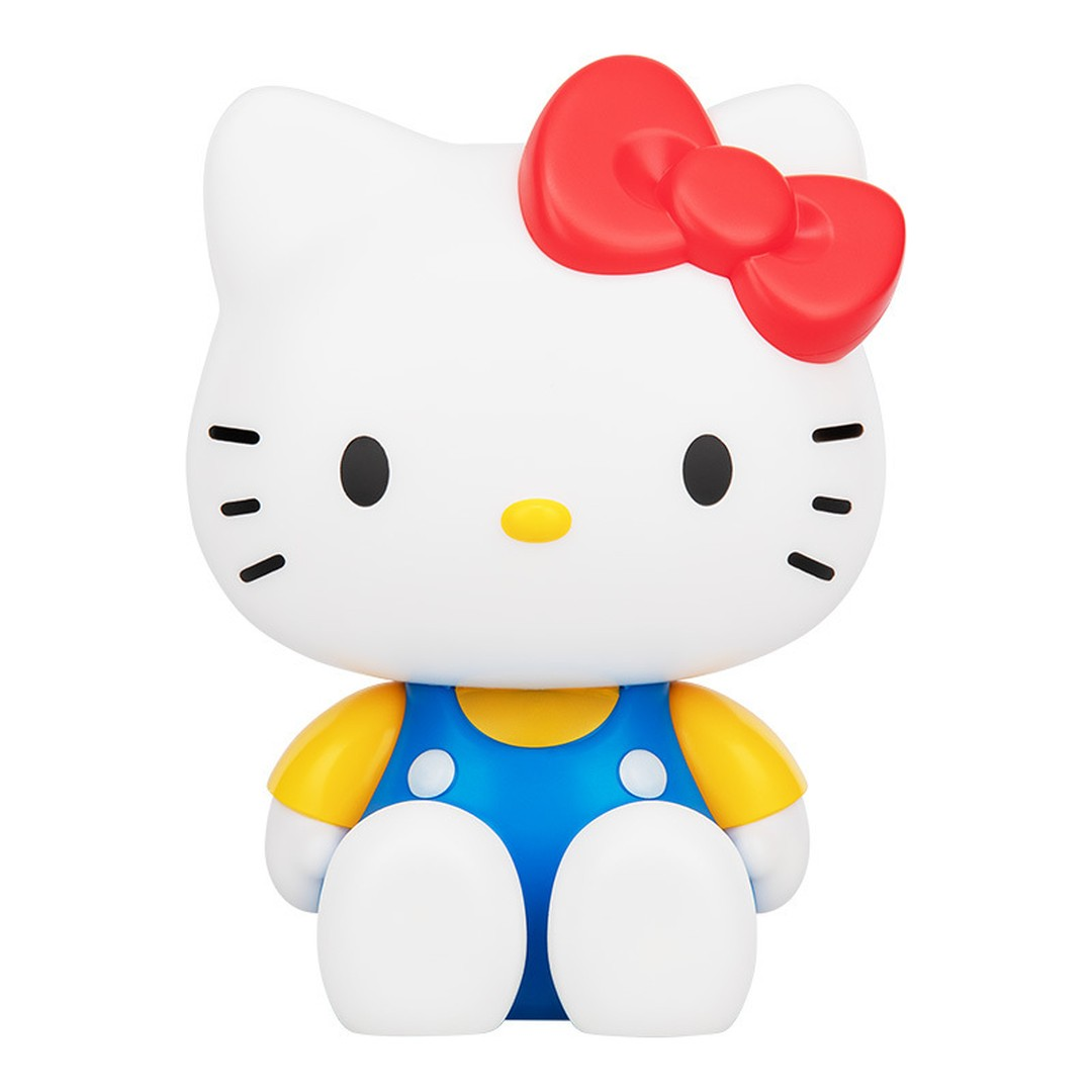 Figurka Hello Kitty w niebiesko-żółtym kombinezonie z czerwoną kokardką.