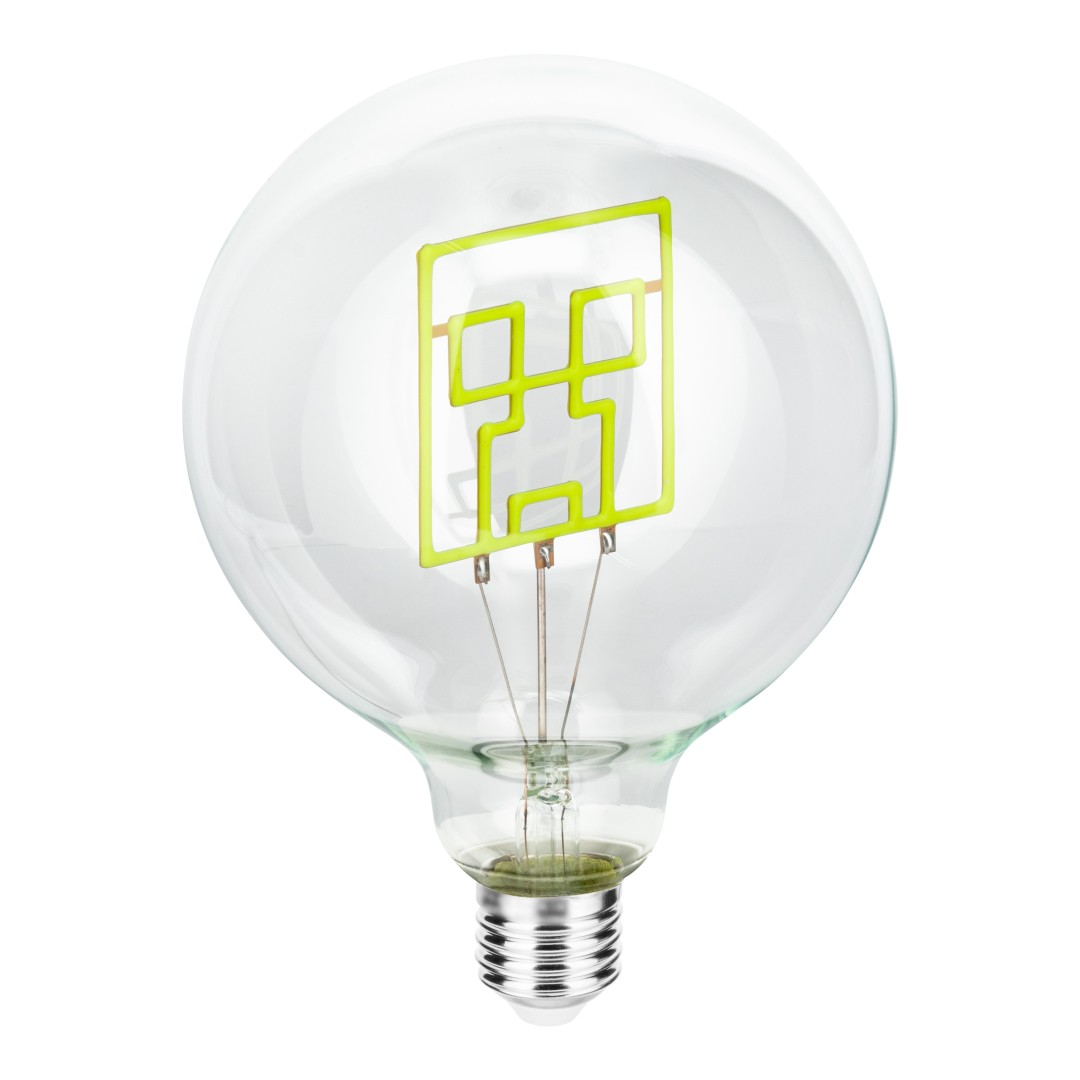 Una lampadina a globo trasparente con filamento a faccia Creeper verde.