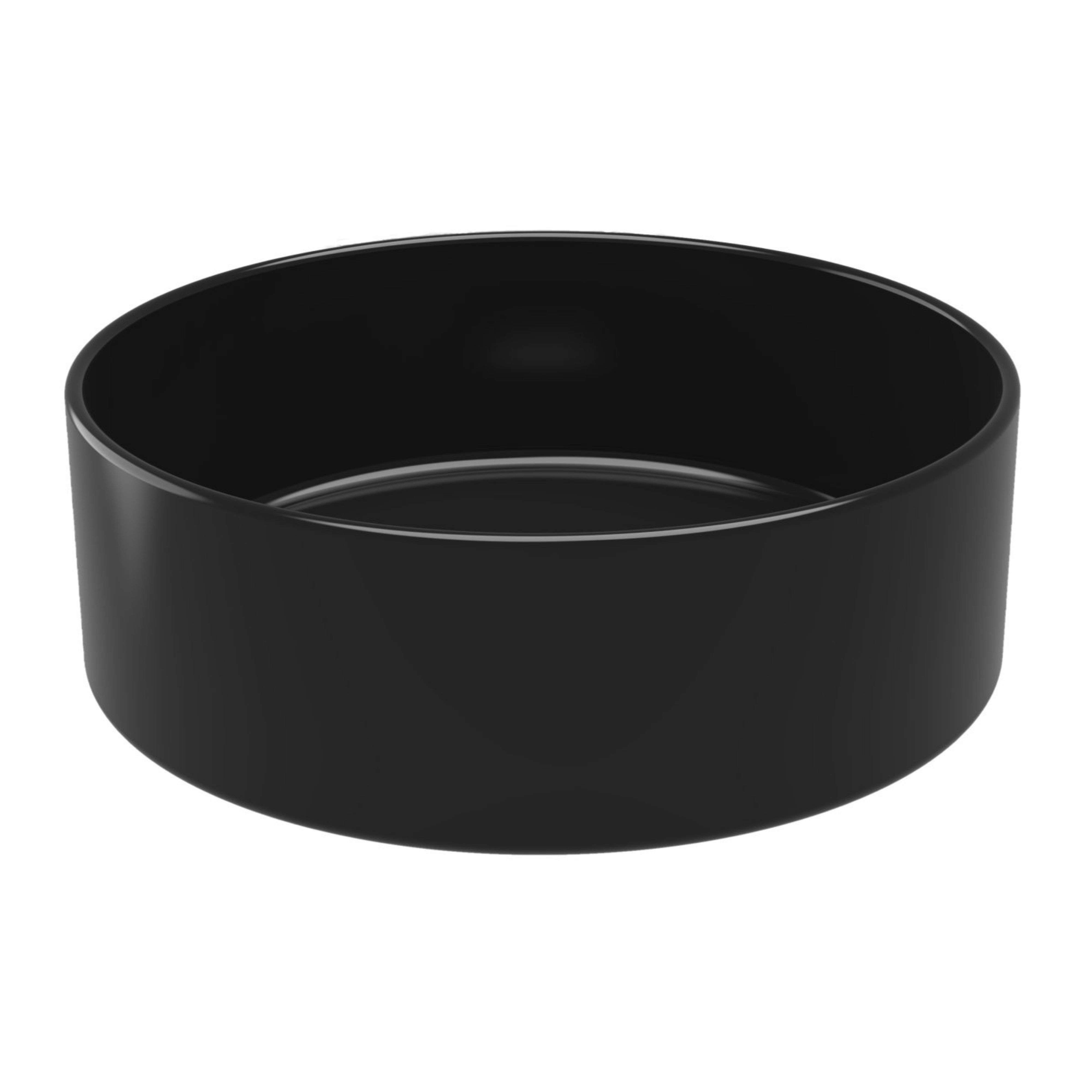 Un recipiente redondo y negro con superficie lisa sobre fondo blanco.