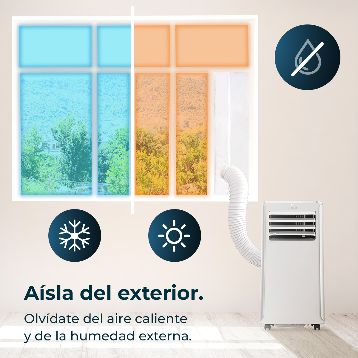 Un condizionatore portatile bianco con tubo di fronte a una finestra con vetri blu e arancioni.