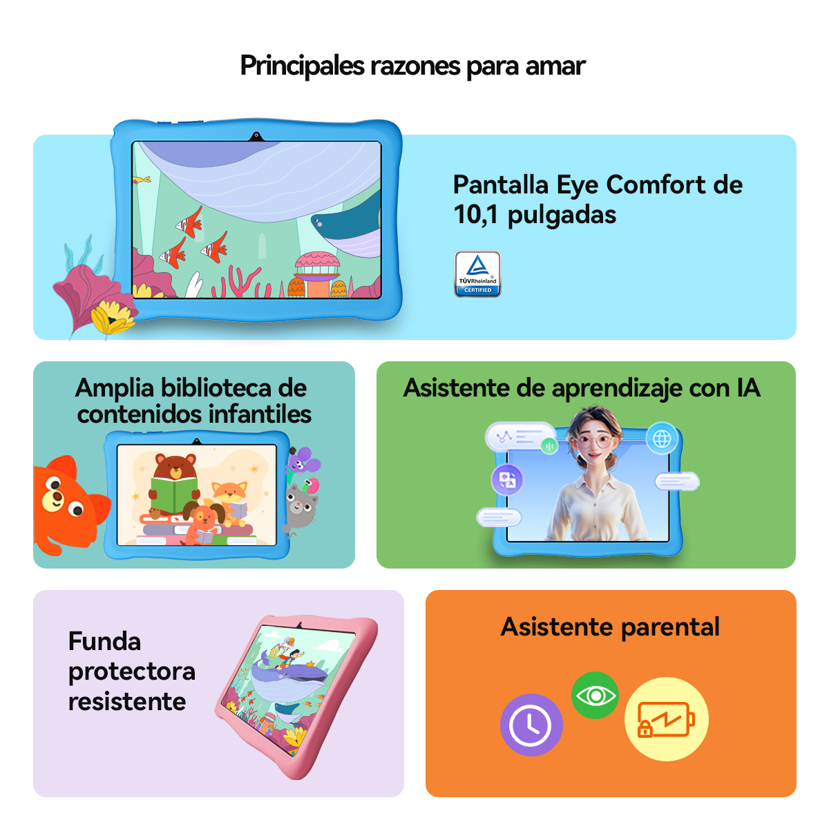 Tablet con pantalla Eye Comfort, contenido infantil, asistente IA y control parental.