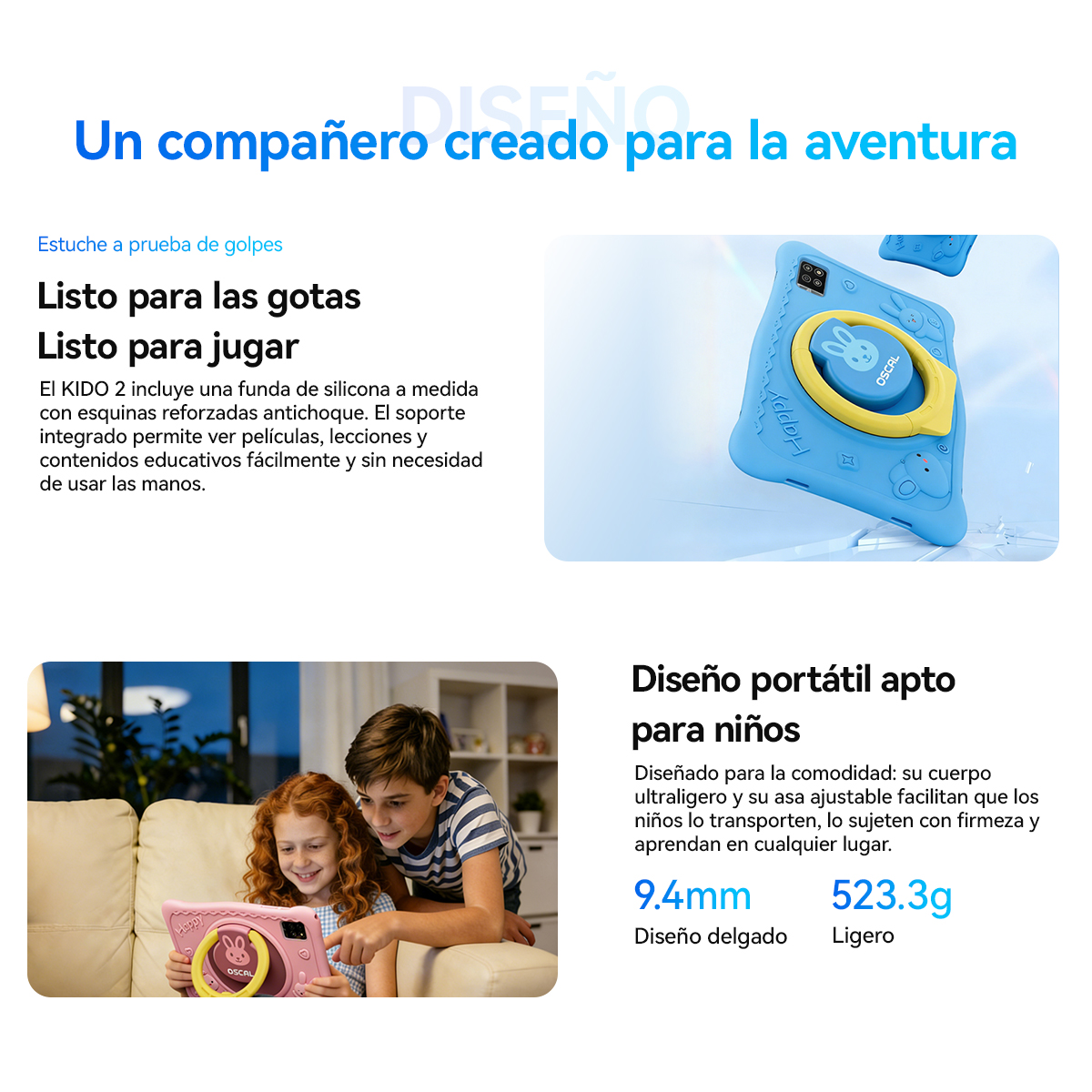 Funda azul Kido 2 con asa amarilla. Niños usan tablet rosa.