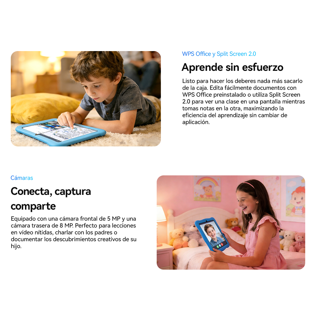 Un niño usa una tablet en el suelo. Una niña hace una videollamada.