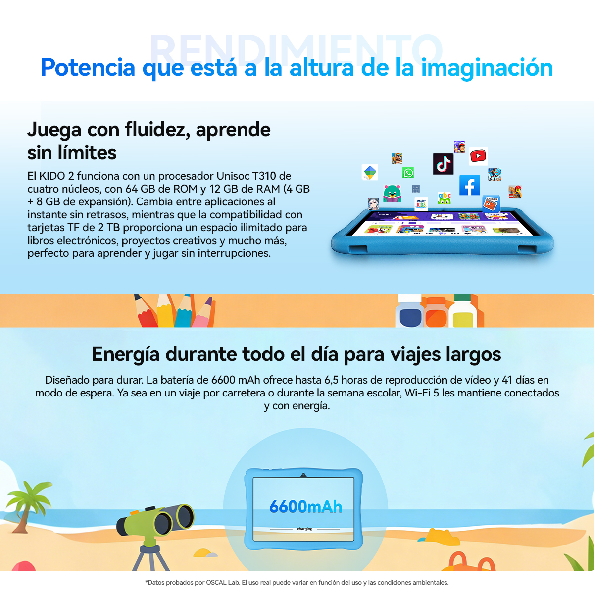 Una tableta azul con aplicaciones en pantalla, junto a texto y lápices.