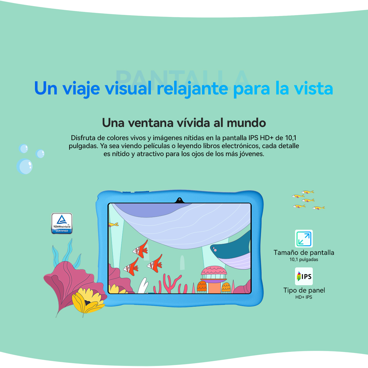 Una tableta azul muestra una escena submarina con peces y una ballena.