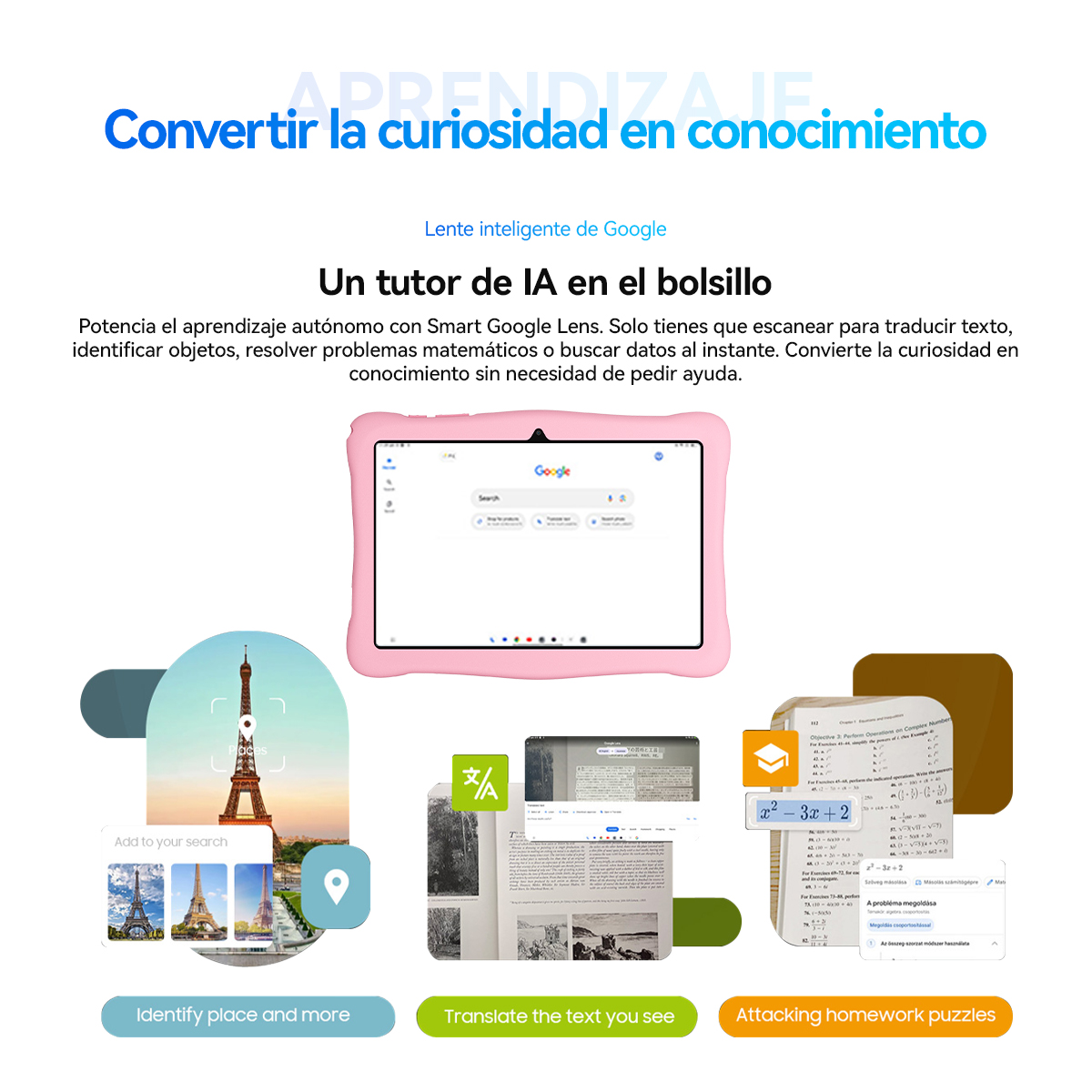 Tablet muestra funciones de Google Lens: lugares, traducción, matemáticas.