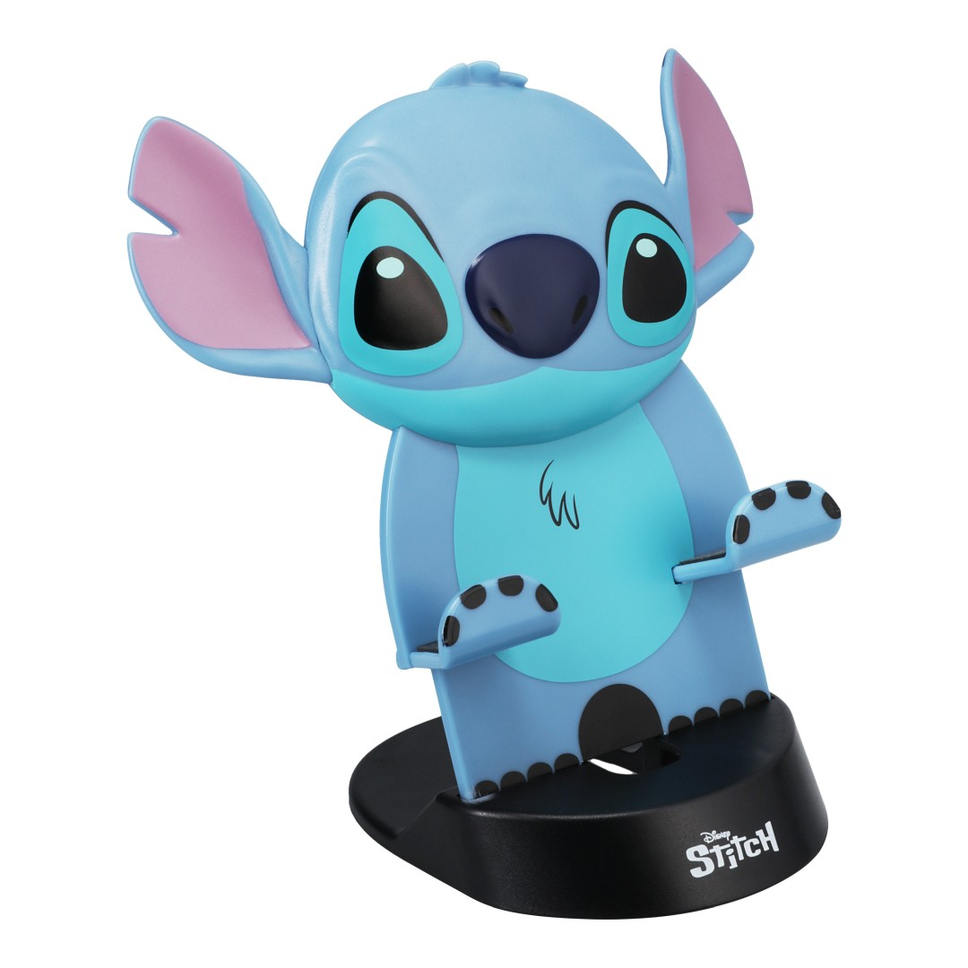 Niebieski stojak na telefon postać Stitch z czarną podstawą, białe tło.