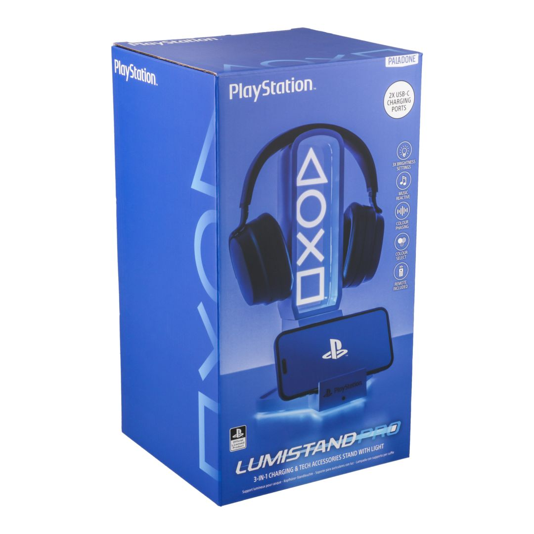 PlayStation Lade- und Zubehörständer mit Kopfhörern und beleuchtetem Logo.