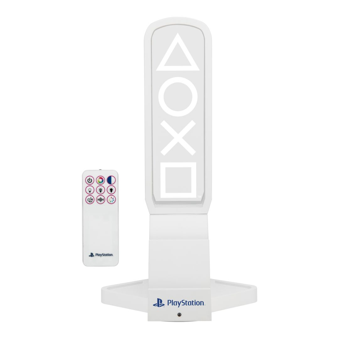 Ein weißer PlayStation-Controller-Ständer mit einem schmalen Licht, das die Symbole Dreieck, Kreis, Kreuz und Quadrat zeigt.