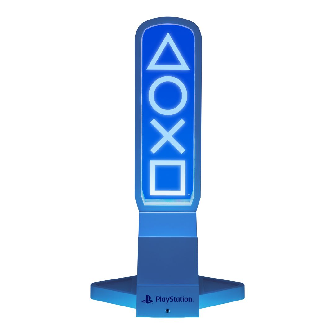 Eine blaue PlayStation-Lampe mit den Symbolen Dreieck, Kreis, Kreuz und Quadrat.