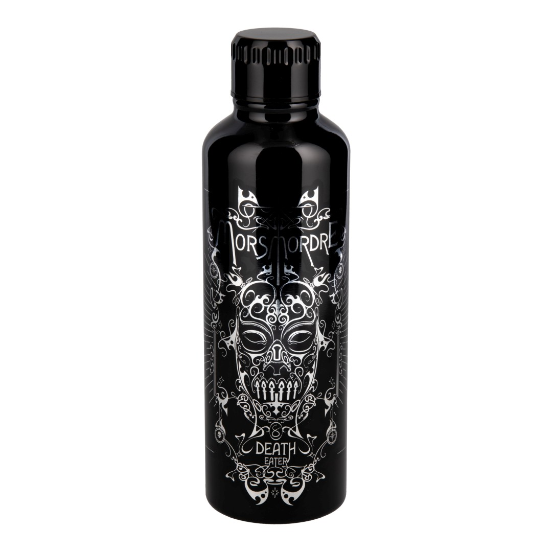 Czarna butelka z motywem czaszki i napisem "DEATH EATER".
