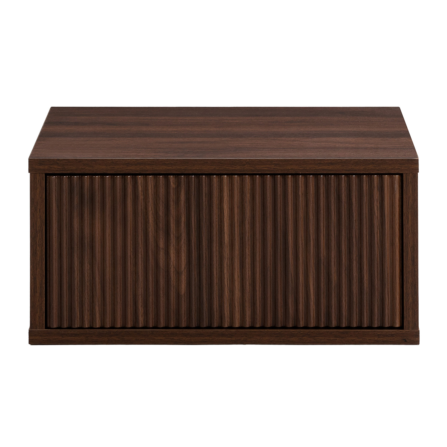 Un mueble de madera oscura con ranuras verticales en el frente.