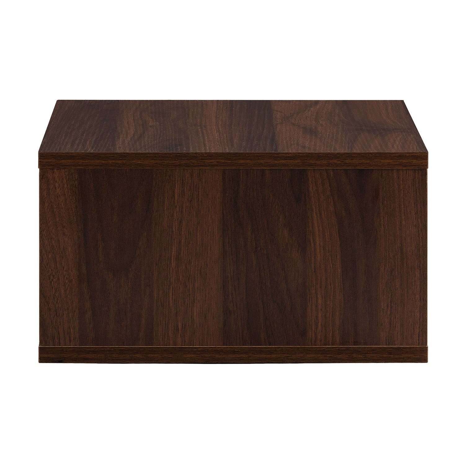 Un mueble de madera oscura con veta, visto de frente y arriba.
