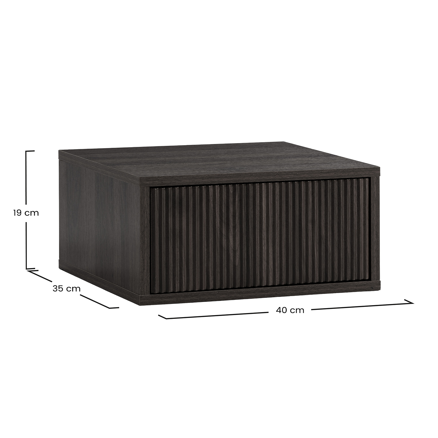Caja de madera gris oscuro con ranuras verticales, 40x35x19 cm.