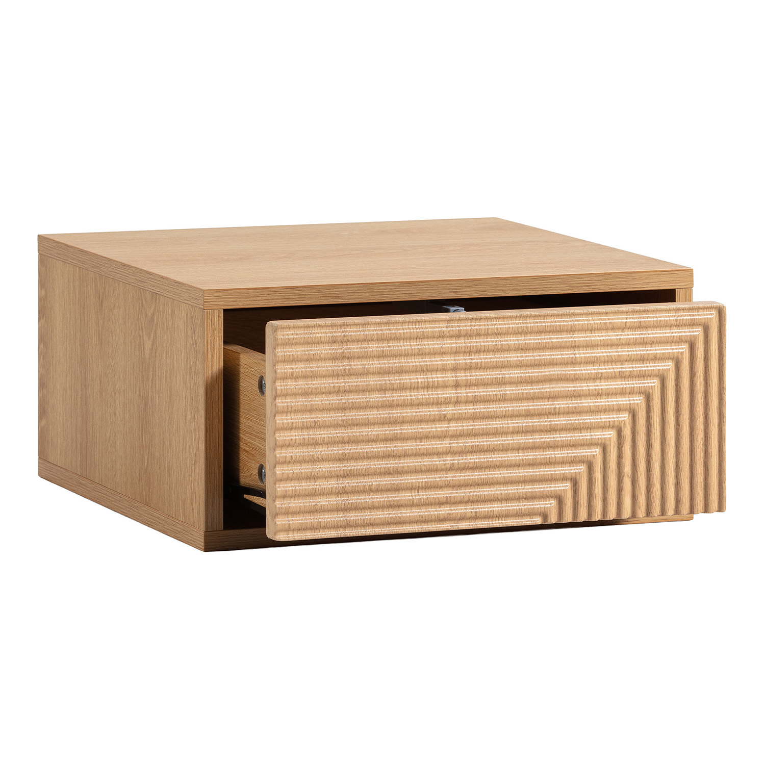 Una mesita de noche de madera con un cajón parcialmente abierto.