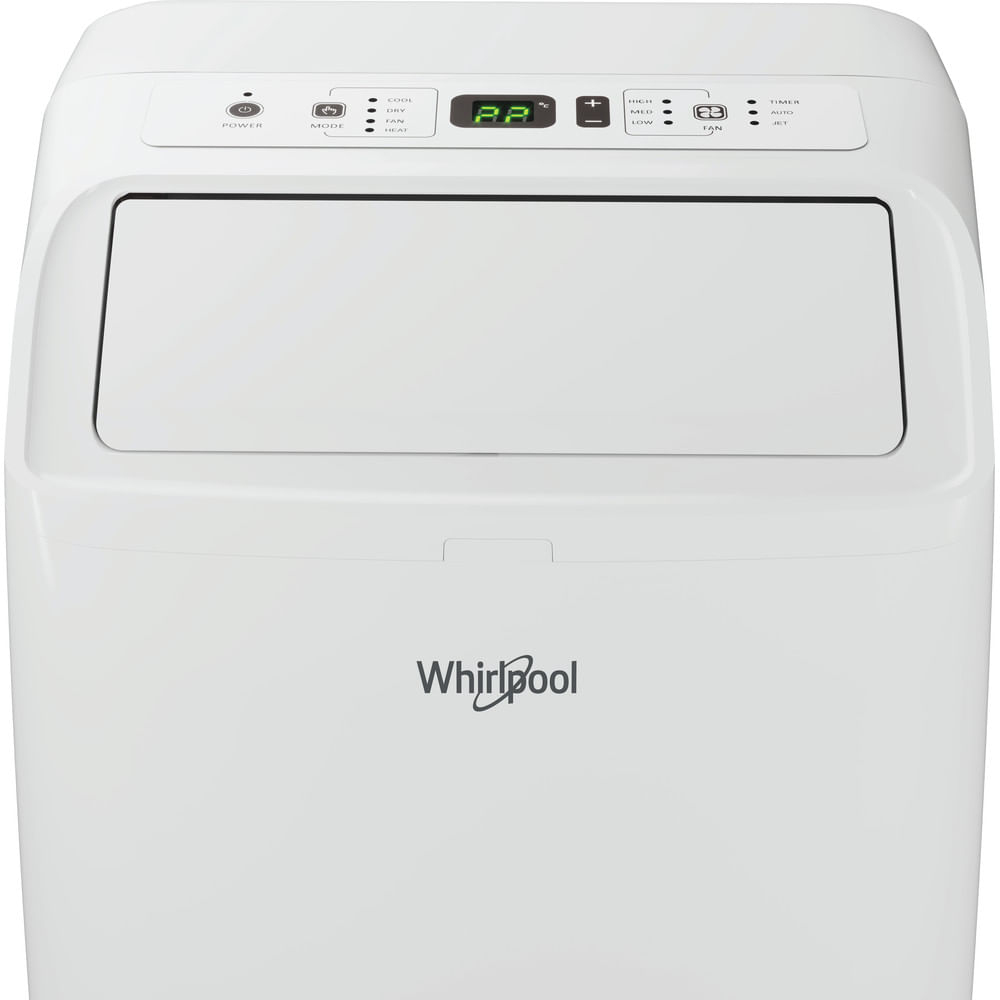 Un aire acondicionado portátil blanco Whirlpool con panel de control y pantalla digital.