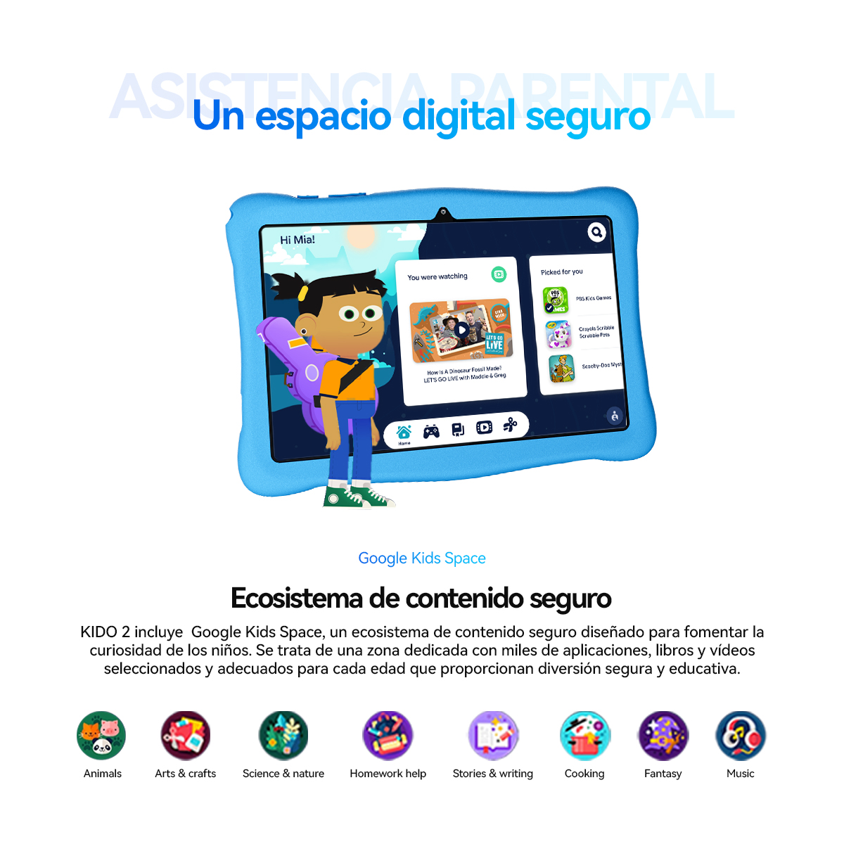 Tableta azul para niños con apps y personaje animado. Texto: Google Kids Space. Espacio digital seguro.