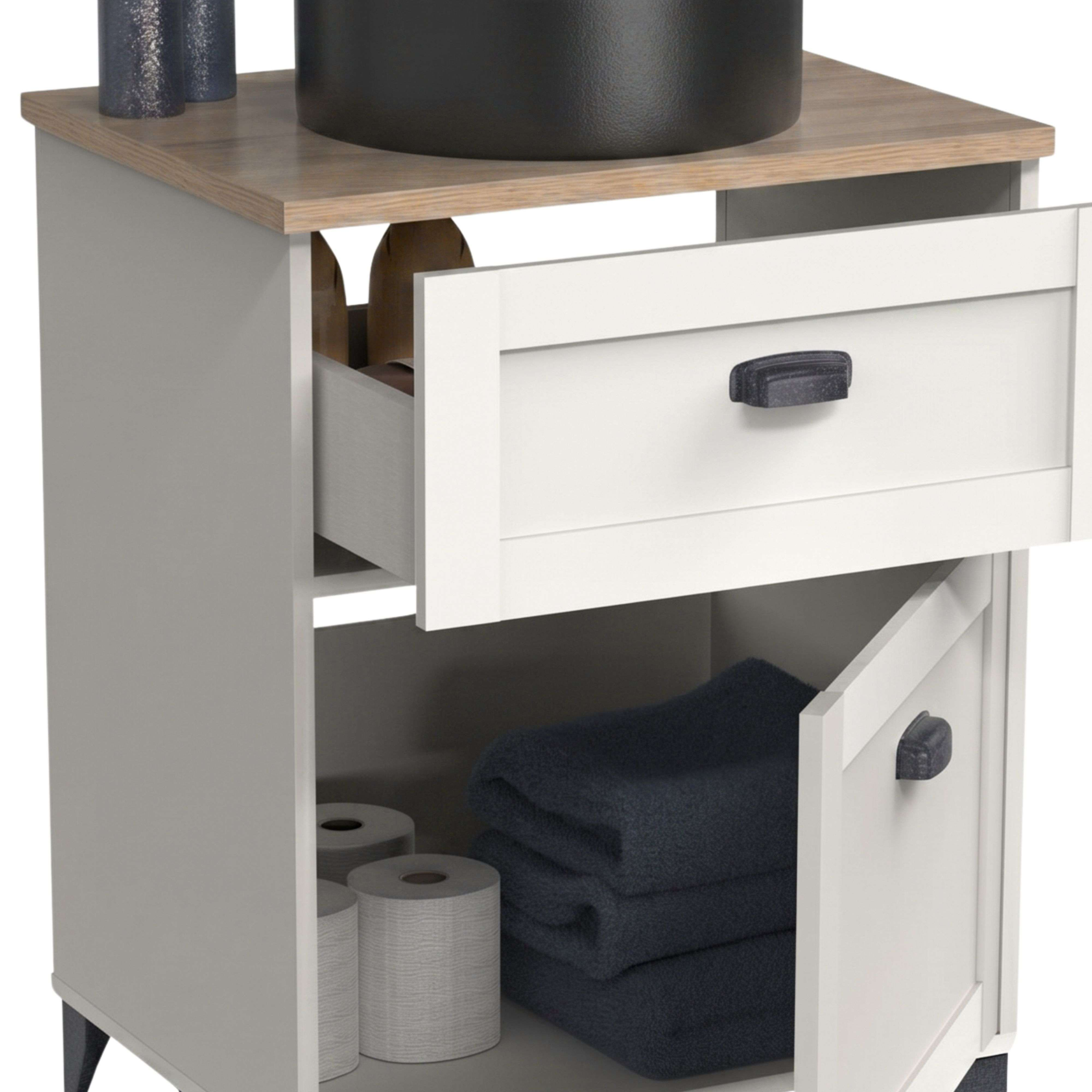 Un mueble de baño con cajón y puerta. Gris y blanco.
