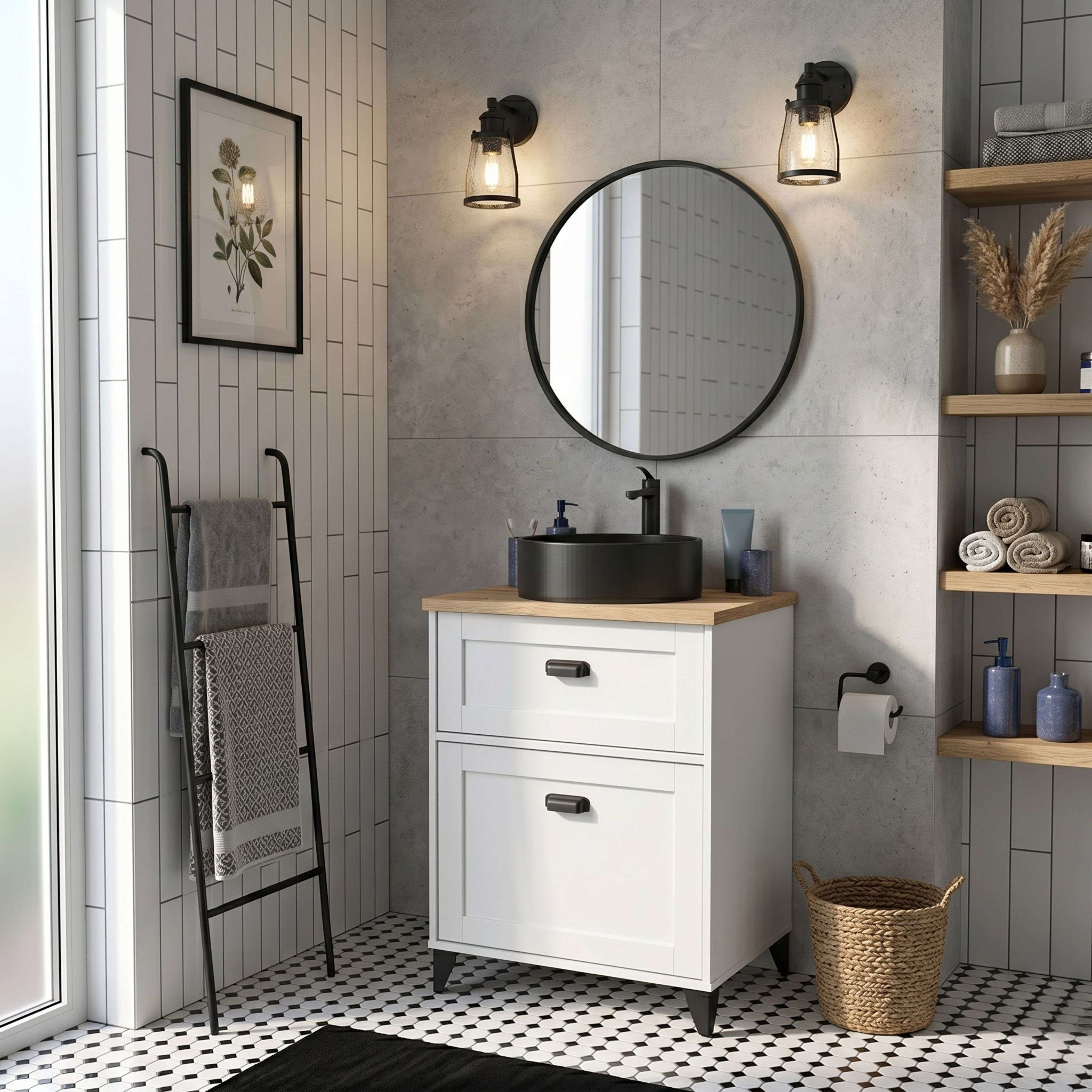 Baño moderno con mueble de lavabo blanco, lavabo negro, espejo redondo y paredes alicatadas.