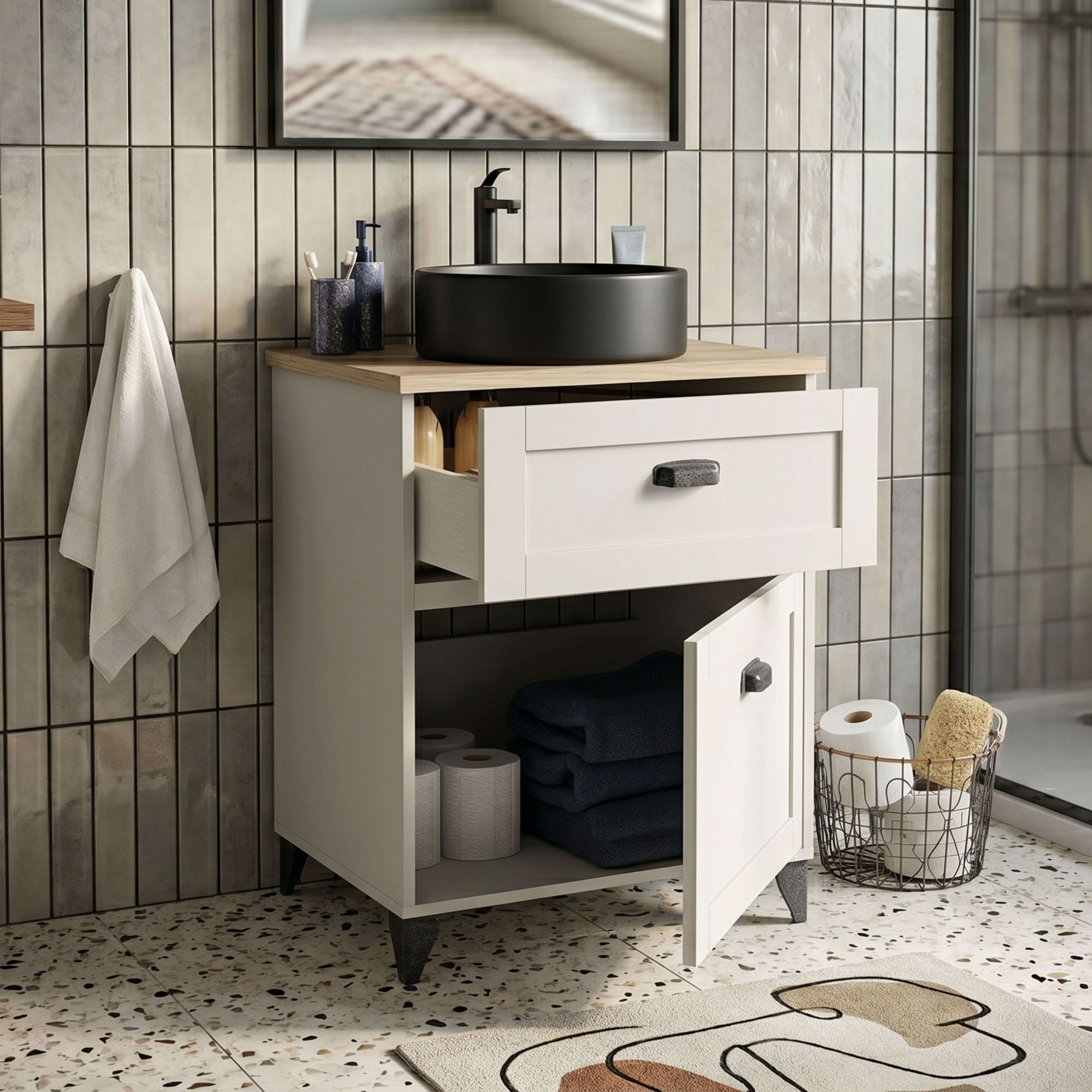Un mueble de baño con lavabo negro, puerta y cajón abiertos.