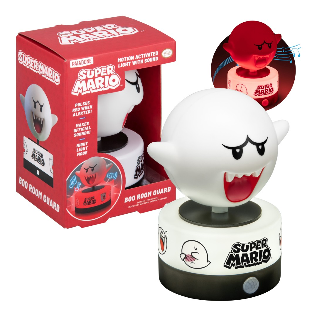 Lampa Super Mario Boo z czujnikiem ruchu i dźwiękiem. Świeci na czerwono po alarmie.