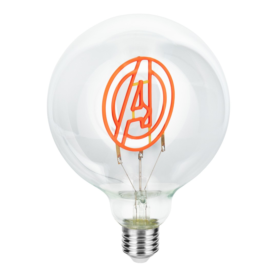 Una lampadina con il logo degli Avengers arancione all'interno.