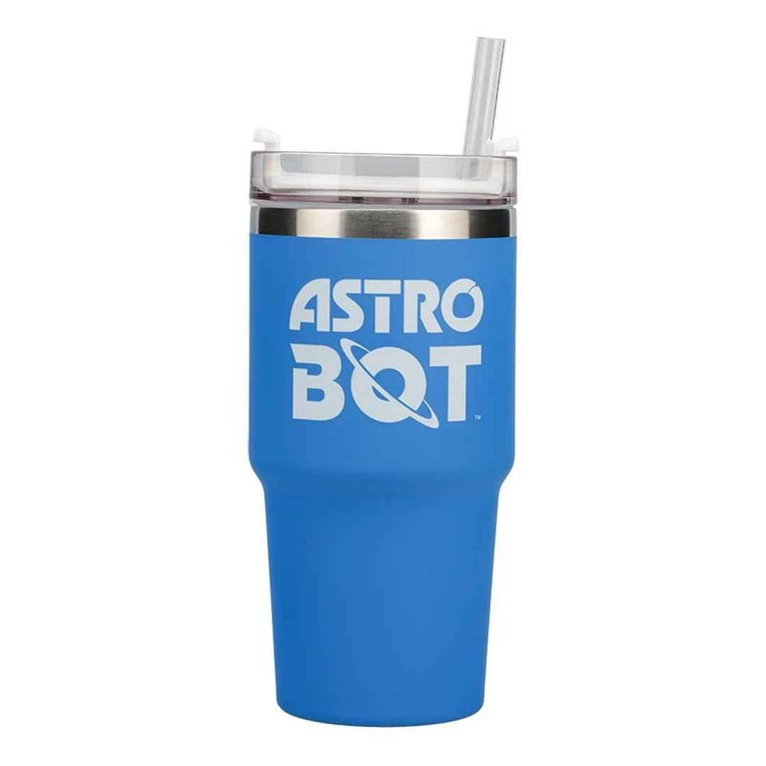 Ein blauer Becher mit Strohhalm und dem Aufdruck ASTRO BOT.