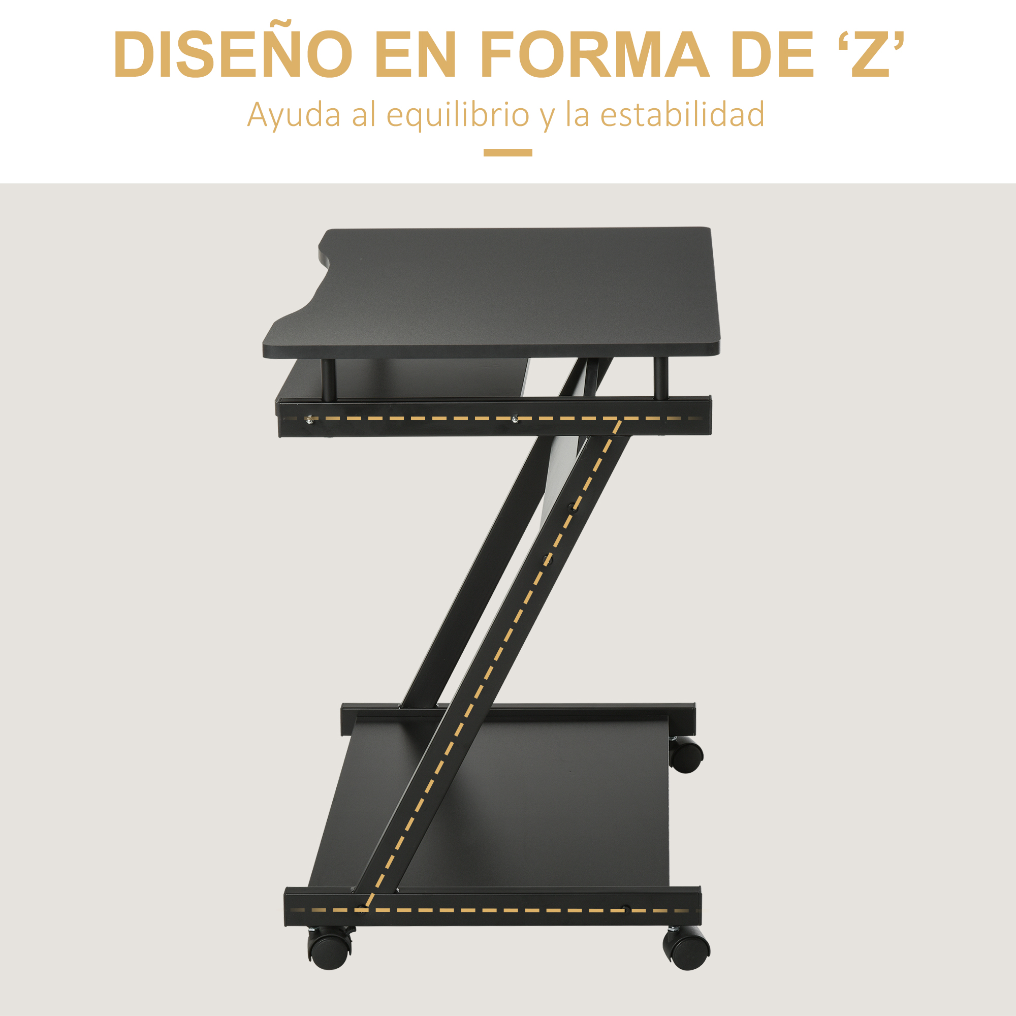 Escritorio negro con estructura en Z y ruedas.